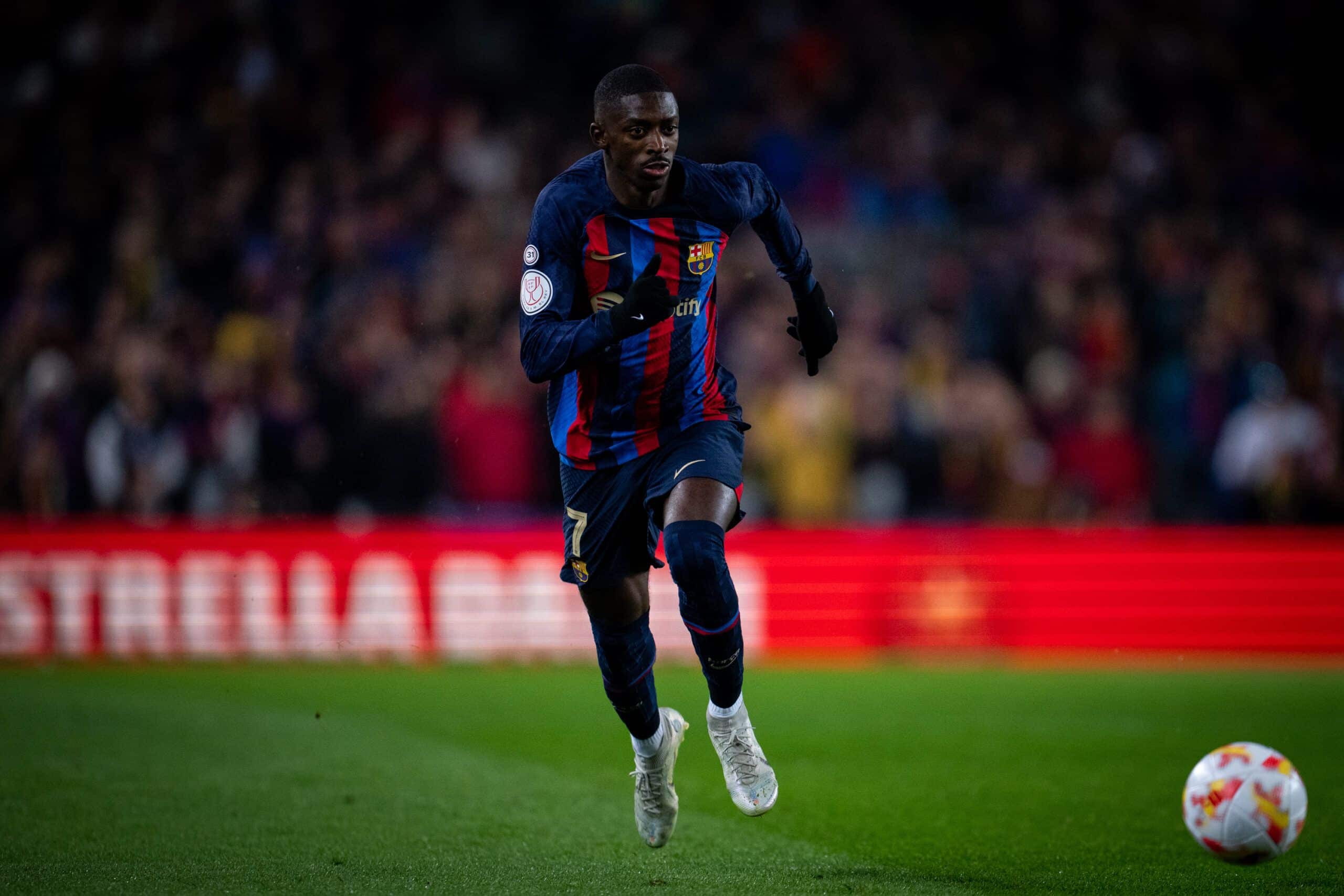 Ousmane Dembélé en uno de sus contraataques. Vía @FCBarcelina, en Twitter: https://twitter.com/FCBarcelona_es/status/1618352173041221633/photo/1