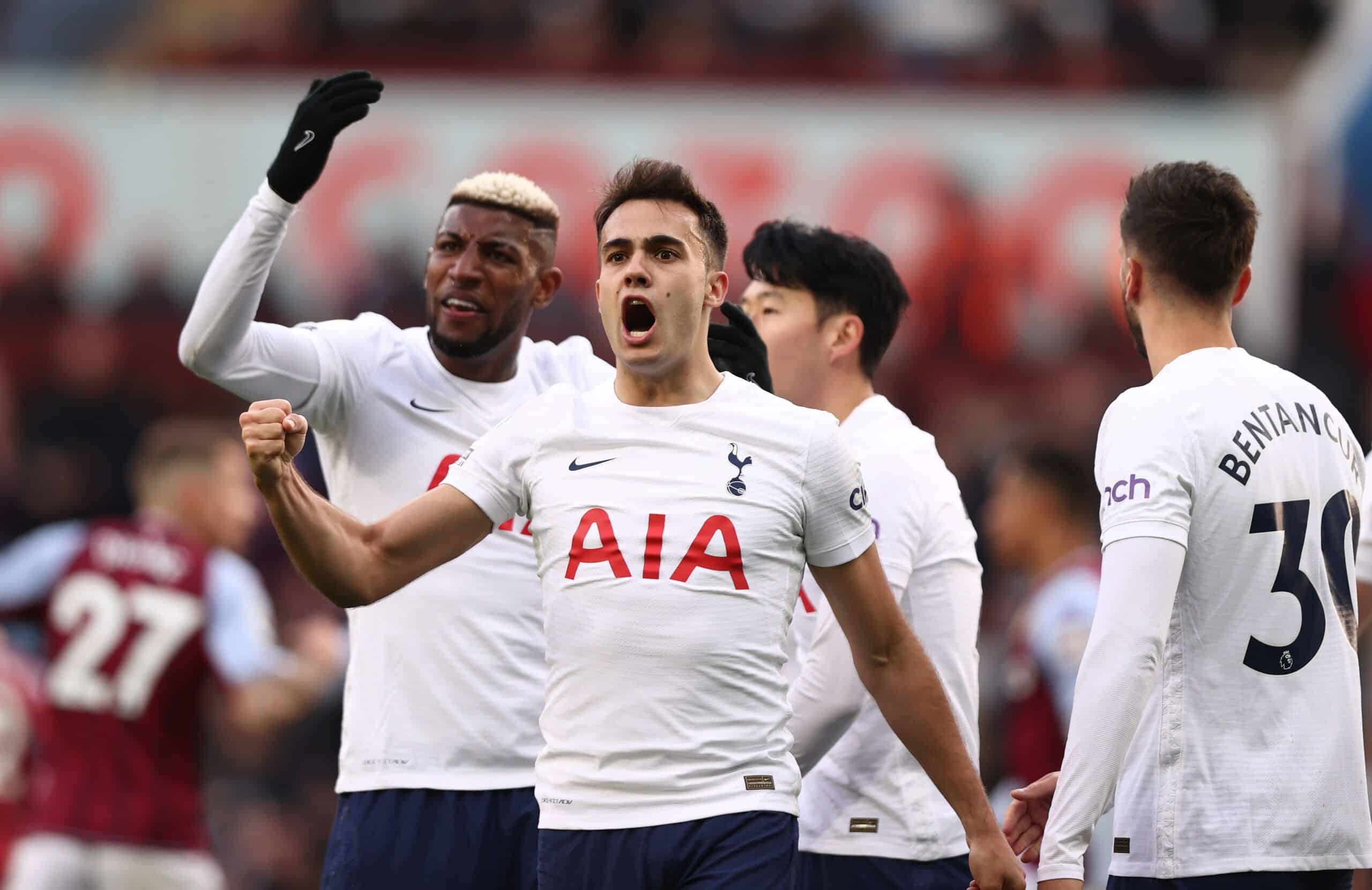 BIRMINGHAM, ENGLAND - APRIL 09: Sergio Reguilon celebrates after Heung-Min Son of Tottenham Hotspur (hidden) scored their sides fourth goal during the Premier League match between Aston Villa and Tottenham Hotspur at Villa Park on April 09, 2022 in Birmingham, England. (Photo by Naomi Baker/Getty Images)