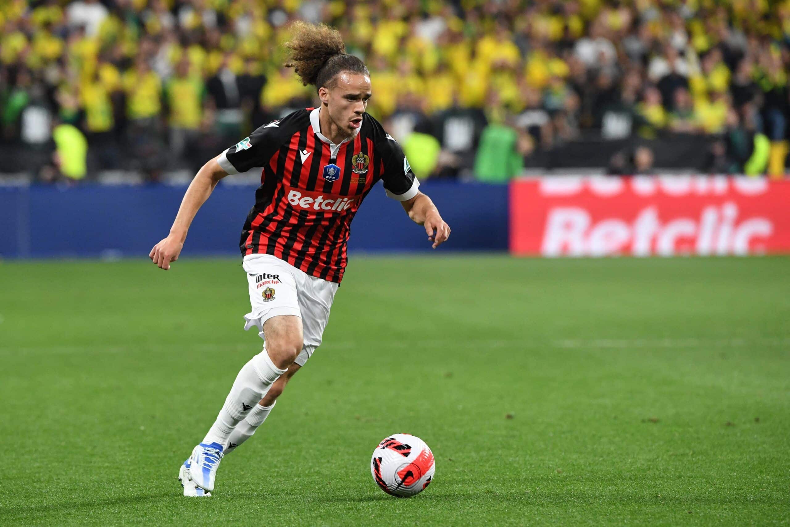 Nice's French forward Billal Brahimi runs with the ball with during the French Cup final football match between OGC Nice and FC Nantes at the Stade de France, in Saint-Denis, on the outskirts of Paris, on May 7, 2022. (Photo by BERTRAND GUAY / AFP) (Photo by BERTRAND GUAY/AFP via Getty Images)