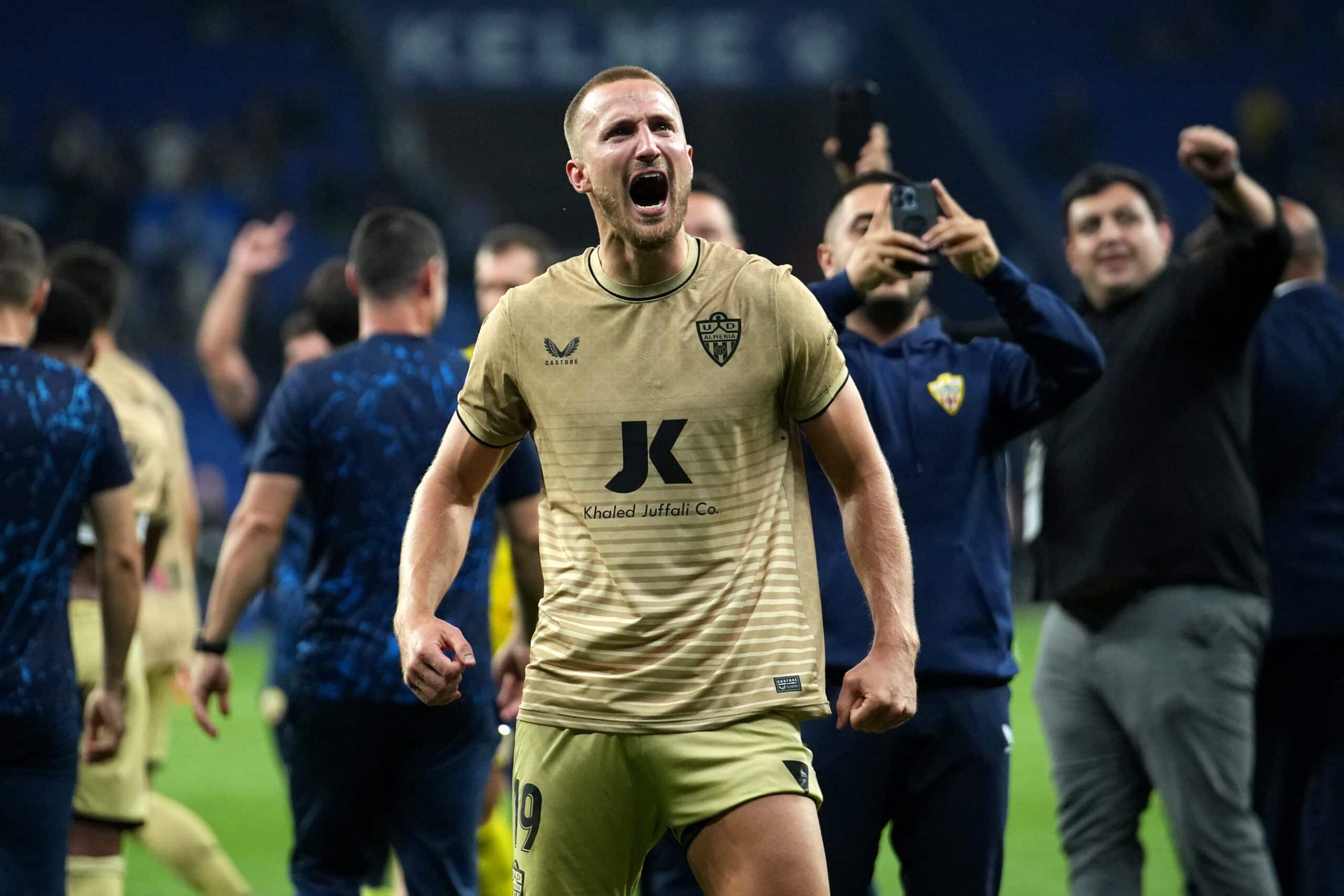 BARCELONA, SPAIN - JUNE 04: Rodrigo Ely of UD Almeria celebrates following the LaLiga Santander match between RCD Espanyol and UD Almeria at RCDE Stadium on June 04, 2023 in Barcelona, Spain. (Photo by Alex Caparros/Getty Images)