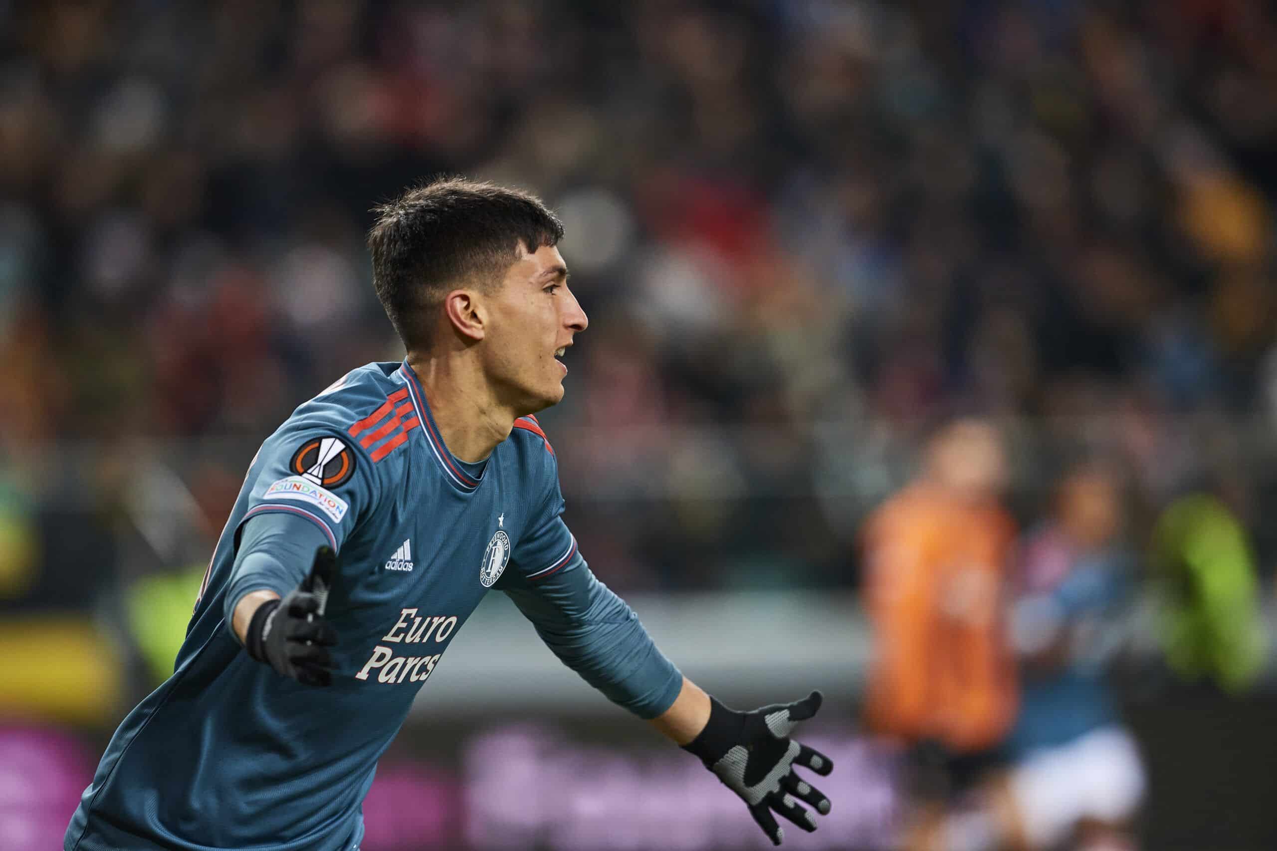 WARSAW, POLAND - MARCH 09: Ezequiel Bullaude of Feyenoord celebrates after scoring during the UEFA Europa League match between Shakhtar Donetsk and Feyenoord at Wojska Polskiego Stadium on March 09, 2023 in Warsaw, Poland. (Photo by Adam Nurkiewicz/Getty Images)