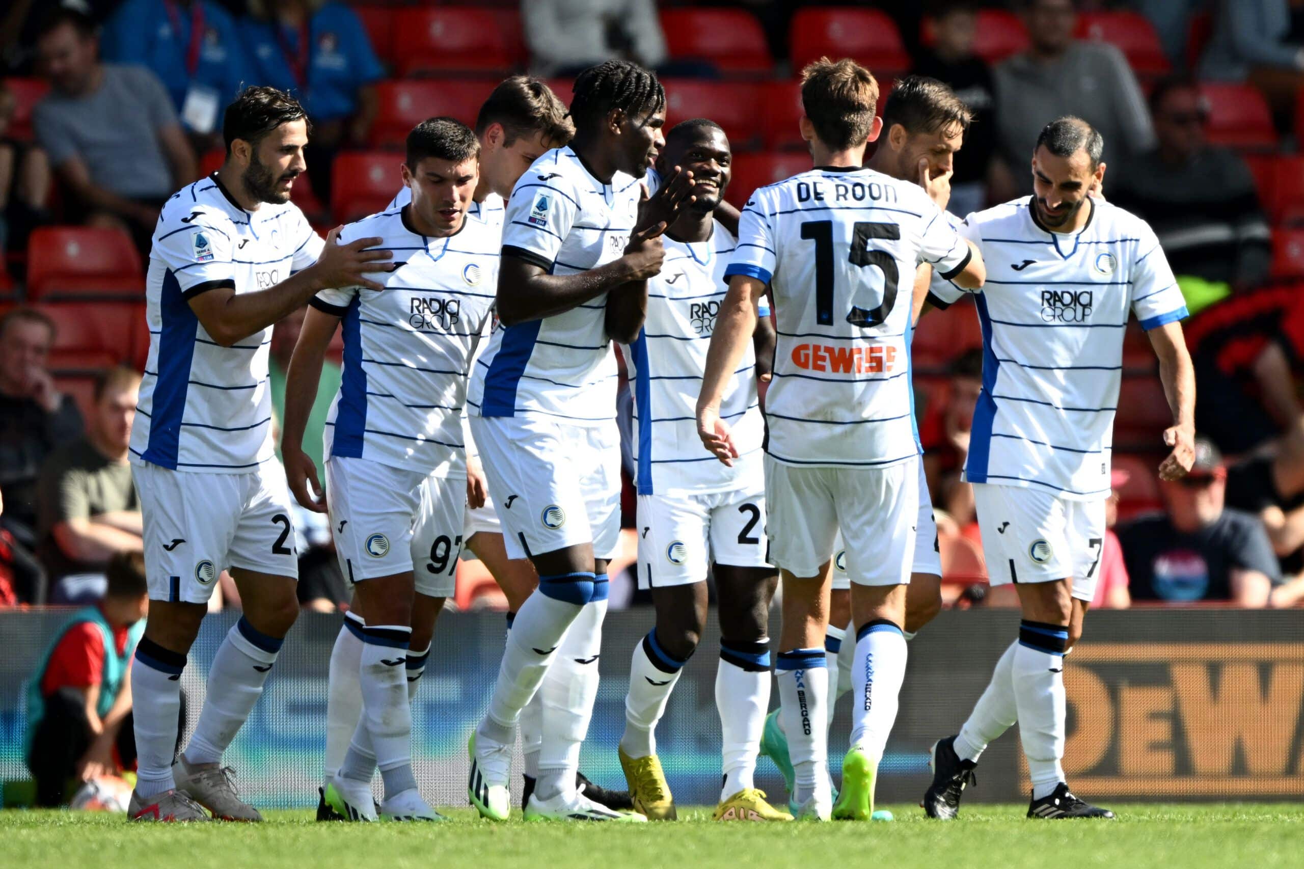 BOURNEMOUTH, ENGLAND - JULY 29: Emmanuel Latte Lath of Atalanta BC (C) celebrates with teammates after scoring the team's third goal during the pre-season friendly match between AFC Bournemouth and Atalanta at Vitality Stadium on July 29, 2023 in Bournemouth, England. (Photo by Mike Hewitt/Getty Images)