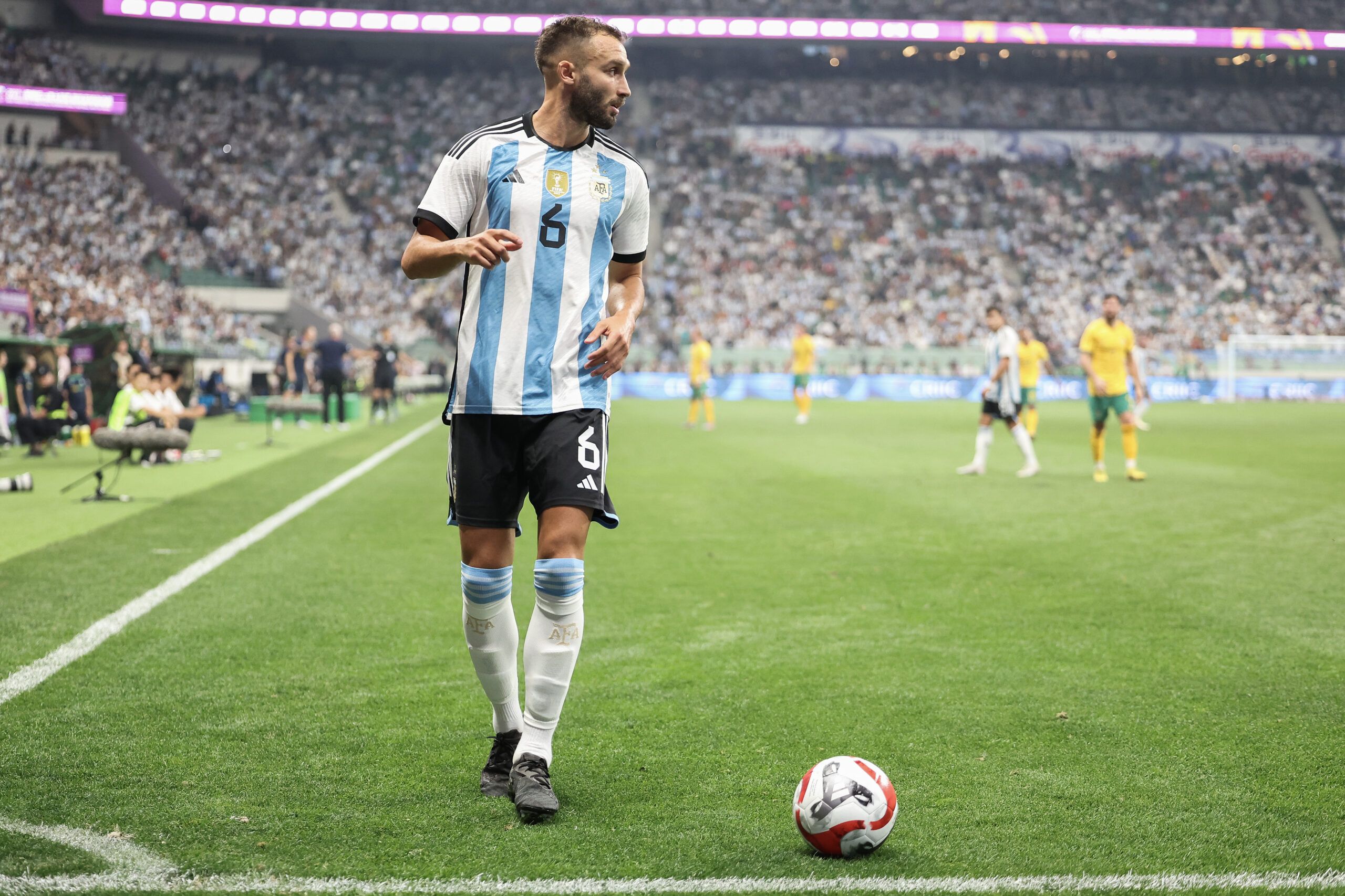 BEIJING, CHINA - JUNE 15: German Pezzella #6 of Argentina reacts during the international friendly match between Argentina and Australia at Workers Stadium on June 15, 2023 in Beijing, China. (Photo by Lintao Zhang/Getty Images)