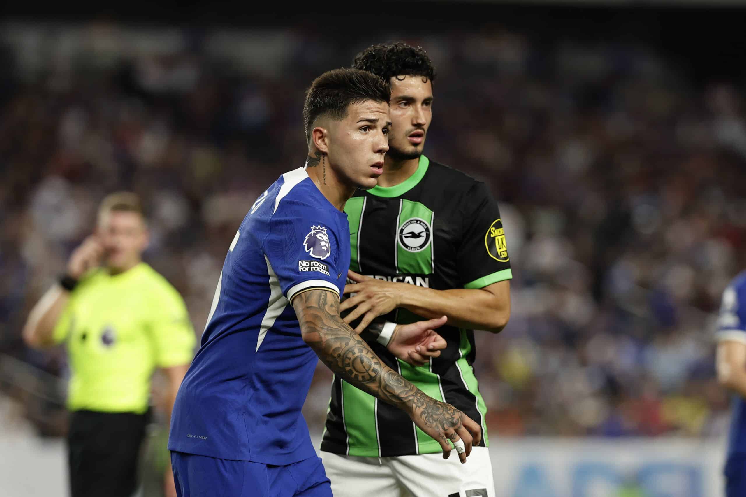 PHILADELPHIA, PENNSYLVANIA - JULY 22: Enzo Fernández #5 of Chelsea and Steven Alzate #17 of Brighton & Hove Albion fight for position during the second half of the pre season friendly match at Lincoln Financial Field on July 22, 2023 in Philadelphia, Pennsylvania. (Photo by Adam Hunger/Getty Images)