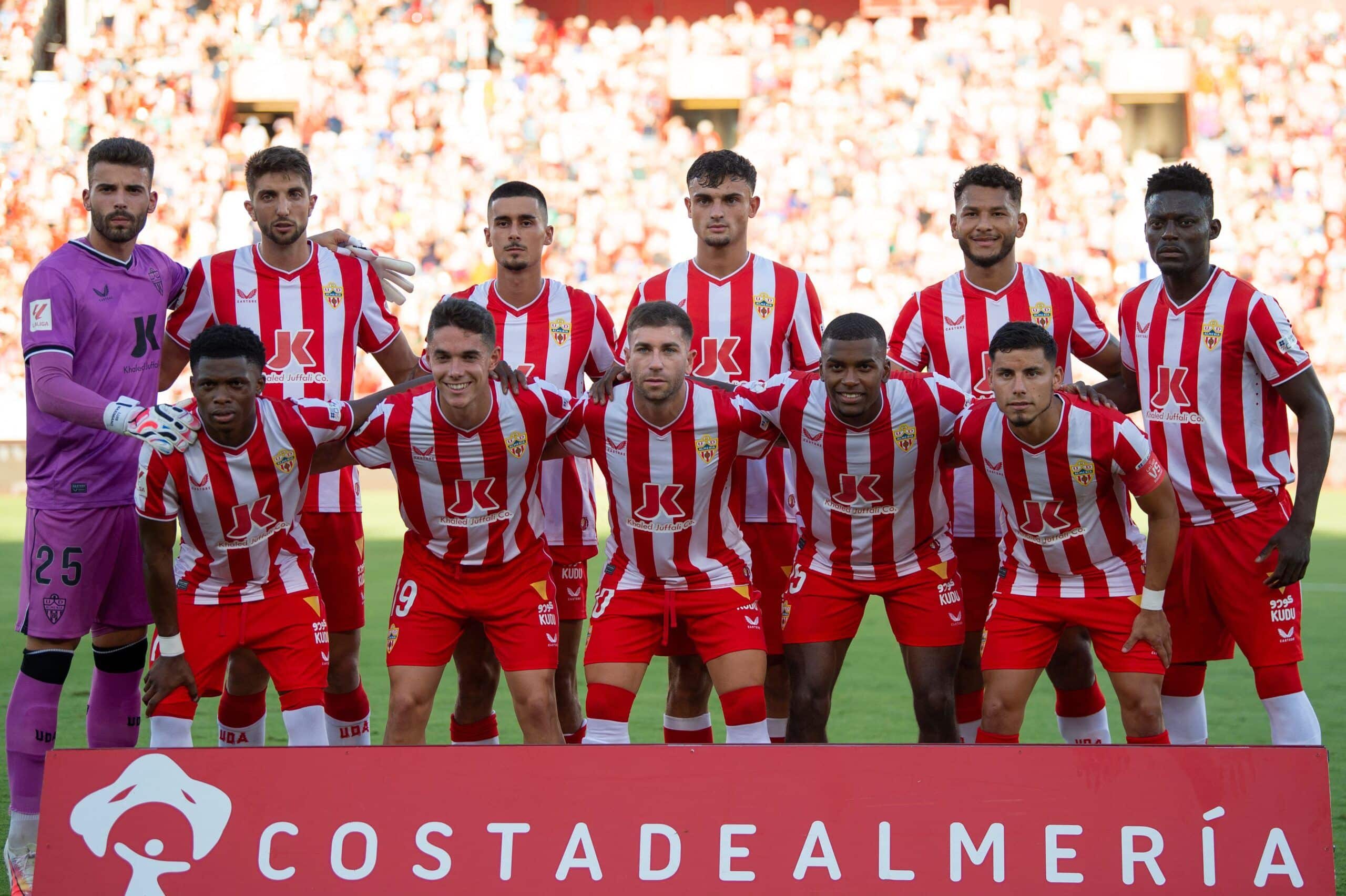 almeria players pose before the Spanish Liga football match between UD Almeria and Real Madrid CF at the Municipal Stadium of the Mediterranean Games in Almeria on August 19, 2023. (Photo by JORGE GUERRERO / AFP) (Photo by JORGE GUERRERO/AFP via Getty Images)
