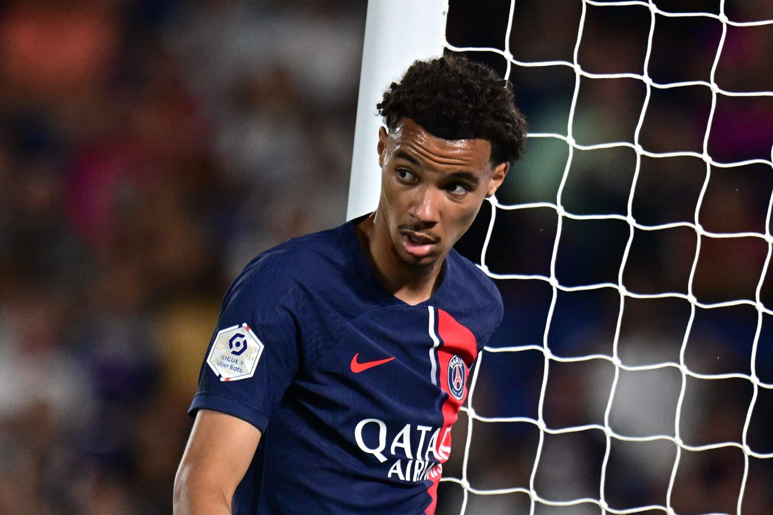 Paris Saint-Germain's French forward #44 Hugo Ekitike reacts after he misses a goal during the French L1 football match between Paris Saint-Germain (PSG) and Lorient at the Parc des Princes Stadium in Paris on August 12, 2023. (Photo by Miguel MEDINA / AFP) (Photo by MIGUEL MEDINA/AFP via Getty Images)