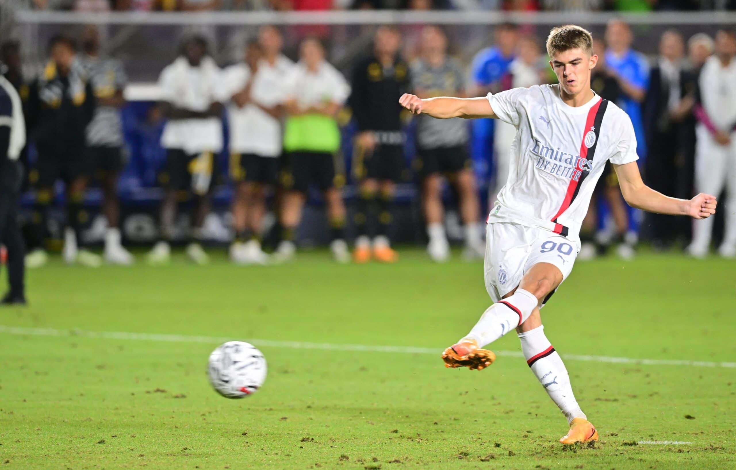 AC Milan's Belgian midfielder Charles De Ketelaere takes a penalty shot during the end of regulation shootout at a pre-season friendly football match between Juventus FC and AC Milan at Dignity Health Sports Park in Carson, California, on July 27, 2023. (Photo by Frederic J. BROWN / AFP) (Photo by FREDERIC J. BROWN/AFP via Getty Images)