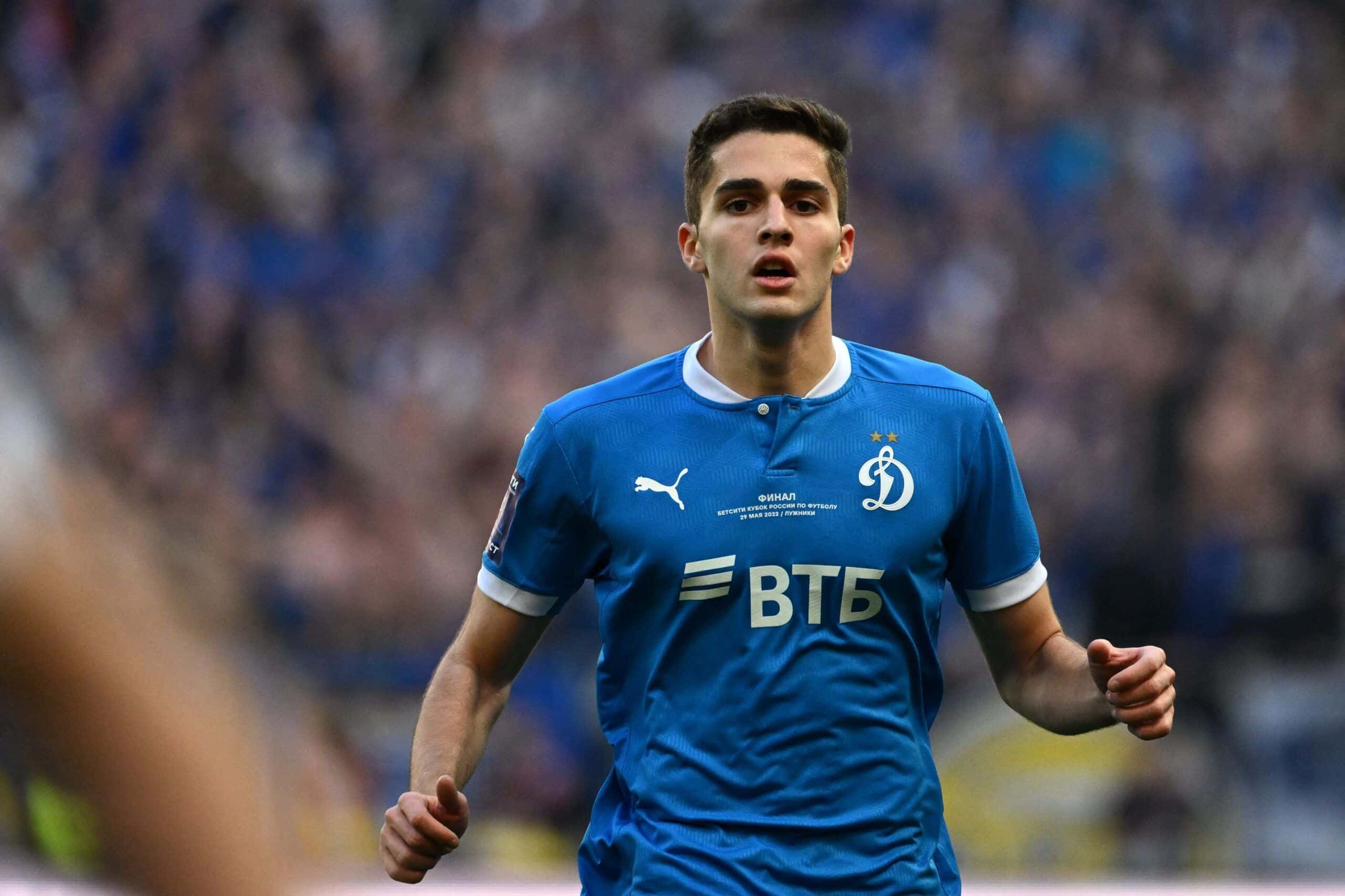 Dynamo Moscow's Russian midfielder Arsen Zakharyan reacts during the Russian Cup final football match between Spartak Moscow and Dynamo Moscow at the Luzhniki stadium on May 29, 2022. (Photo by Kirill KUDRYAVTSEV / AFP) (Photo by KIRILL KUDRYAVTSEV/AFP via Getty Images)