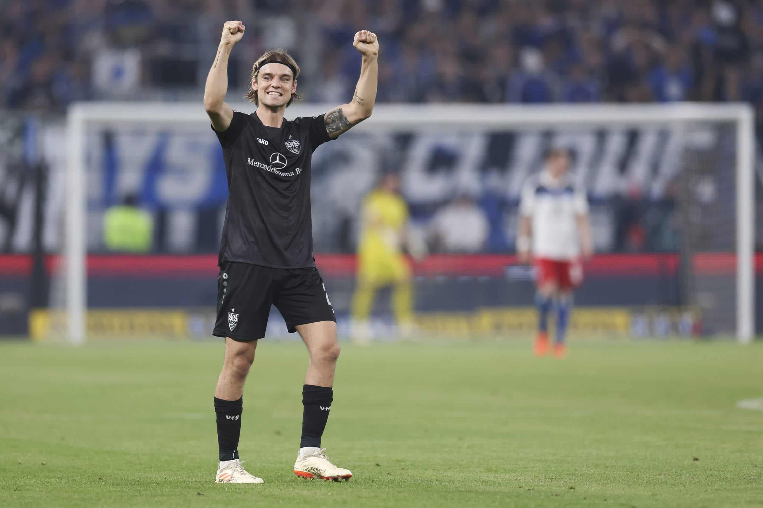 HAMBURG, GERMANY - JUNE 05: Borna Sosa of VfB Stuttgart  reacts during the Bundesliga playoffs second leg match between Hamburger SV and VfB Stuttgart at Volksparkstadion on June 05, 2023 in Hamburg, Germany. (Photo by Maja Hitij/Getty Images)