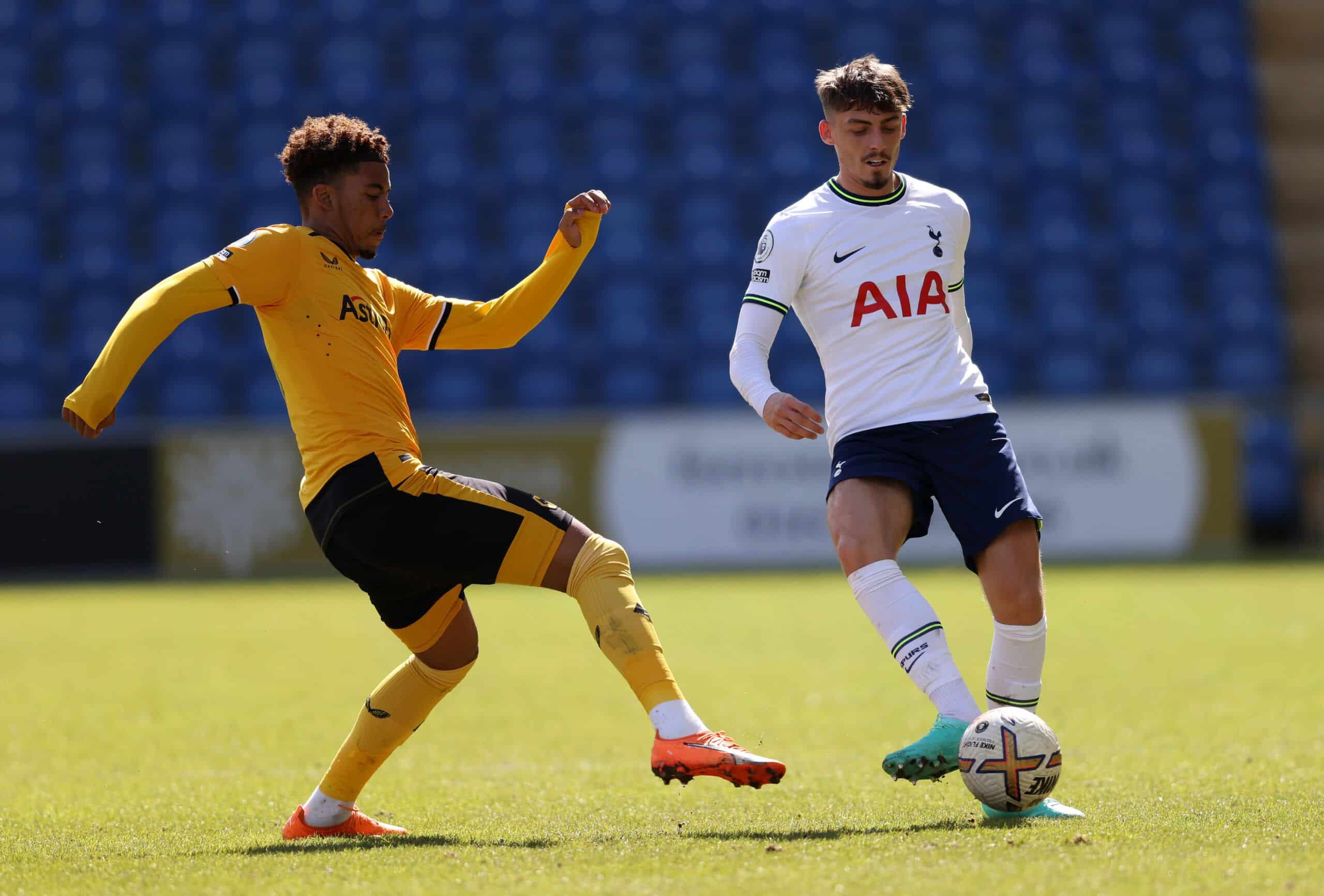 COLCHESTER, ENGLAND - APRIL 07: Jamie Bowden of Tottenham Hotspur and Ty Barnett of Wolverhampton Wanderers battle for the ball during the Premier League 2 match between Tottenham Hotspur U21 and Wolverhampton Wanderers U21 at JobServe Community Stadium on April 07, 2023 in Colchester, England. (Photo by Paul Harding/Getty Images)