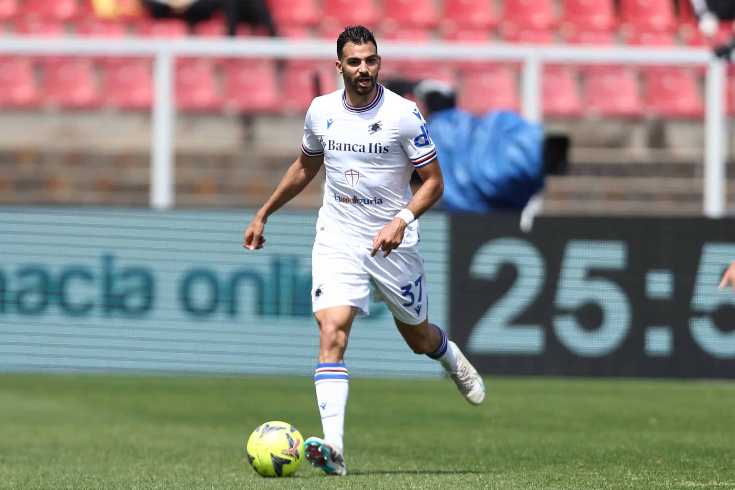 LECCE, ITALY - APRIL 16: Mehdi Leris of Sampdoria during the Serie A match between US Lecce and UC Sampdoria at Stadio Via del Mare on April 16, 2023 in Lecce, Italy. (Photo by Maurizio Lagana/Getty Images)