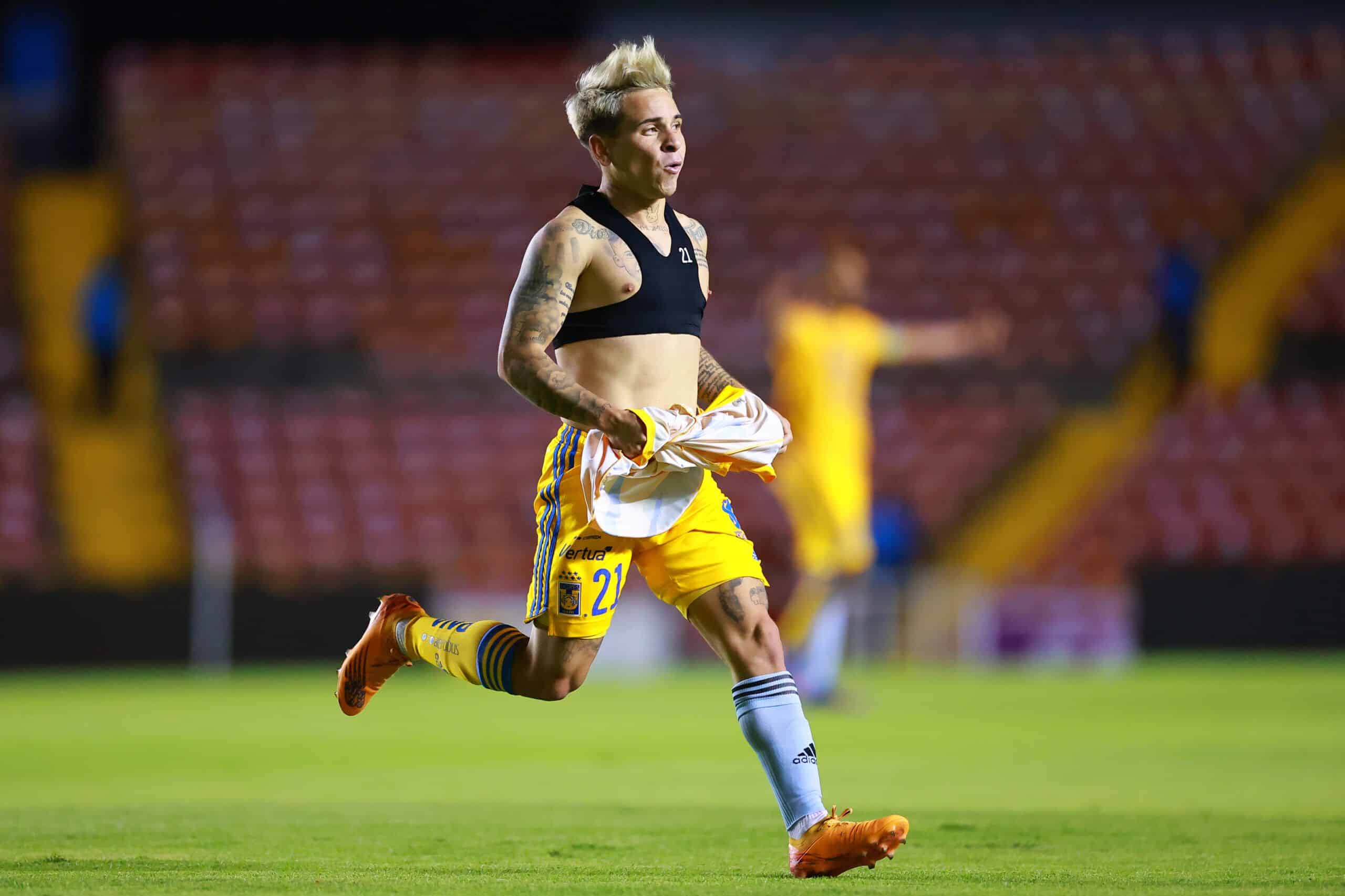 QUERETARO, MEXICO - APRIL 10: Yeferson Soteldo of Tigres celebrates after scoring his team’s first goal during the 13th round match between Queretaro and Tigres UANL as part of the Torneo Grita Mexico C22 Liga MX at La Corregidora Stadium on April 10, 2022 in Queretaro, Mexico. (Photo by Hector Vivas/Getty Images)