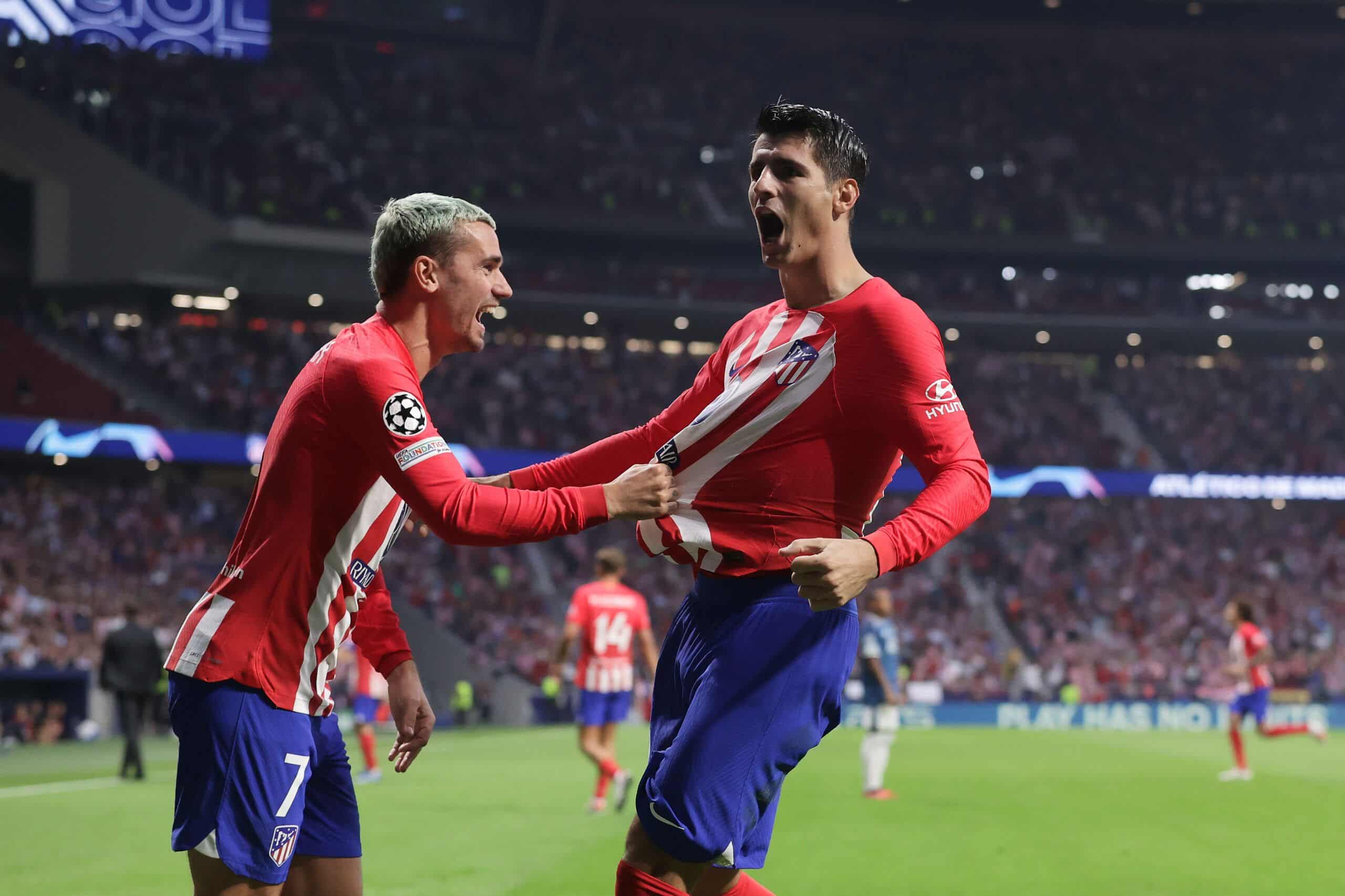 MADRID, SPAIN - OCTOBER 04: Alvaro Morata (R) celebrates scoring their third goal during with teammate Antoine Griezmann (L) the UEFA Champions League match between Atletico Madrid and Feyenoord at Civitas Metropolitano Stadium on October 04, 2023 in Madrid, Spain. (Photo by Gonzalo Arroyo Moreno/Getty Images)