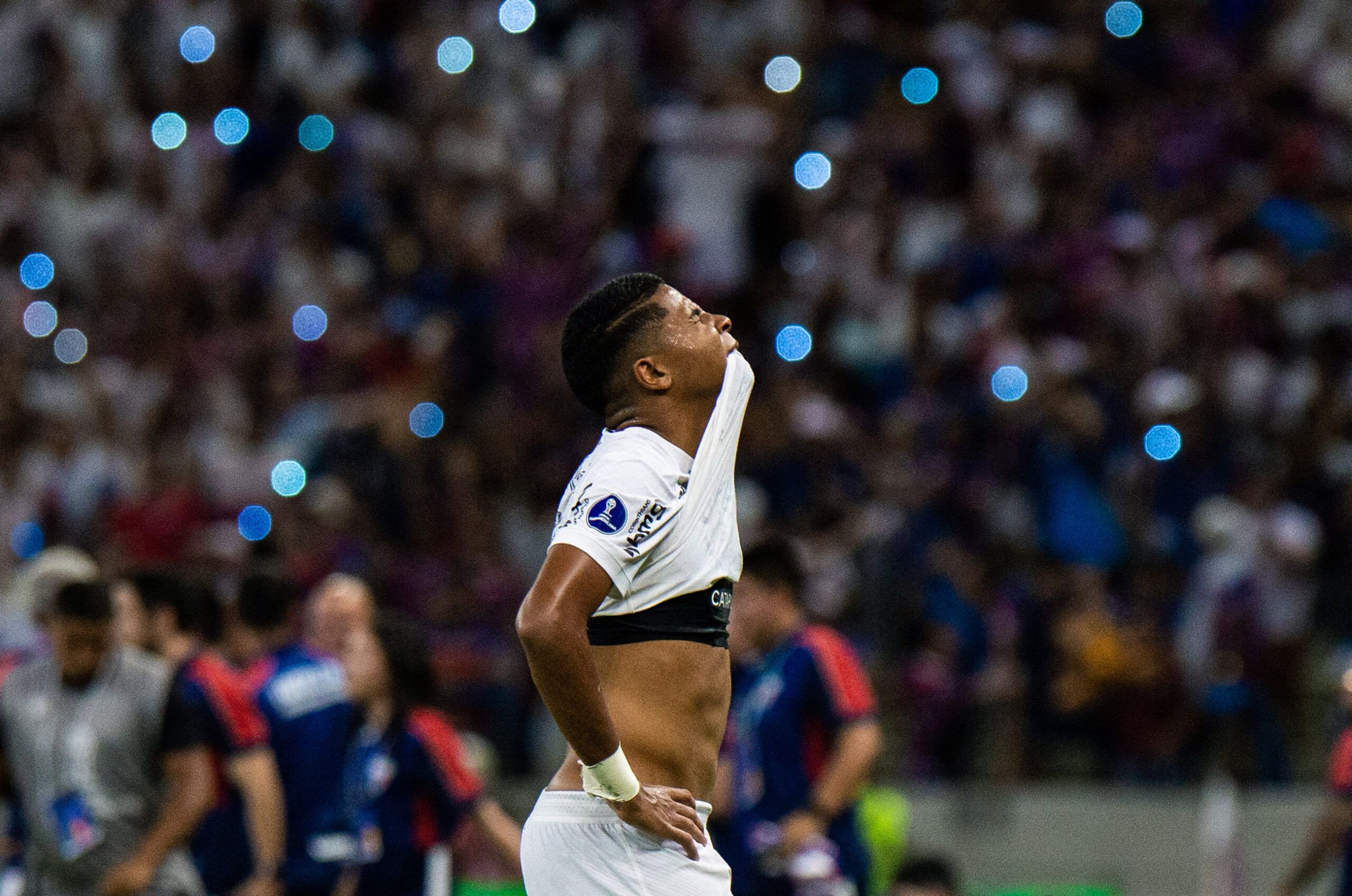 Corinthians' midfielder Wesley Gassova reacts after losing the all-Brazilian Copa Sudamericana semifinal second leg football match between Fortaleza and Corinthians, at the Arena Castelao stadium in Fortaleza, Brazil, on October 3, 2023. (Photo by Thiago Gadelha / AFP) (Photo by THIAGO GADELHA/AFP via Getty Images)