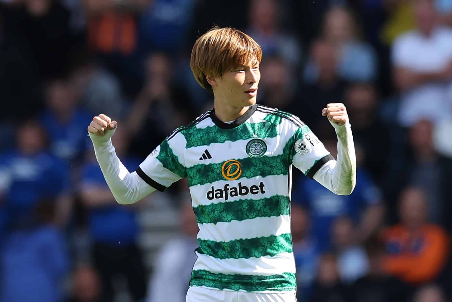 GLASGOW, SCOTLAND - SEPTEMBER 03: Kyogo Furuhashi of Celtic celebrates after scoring the team's first goal during the Cinch Scottish Premiership match between Rangers FC and Celtic FC at Ibrox Stadium on September 03, 2023 in Glasgow, Scotland. (Photo by Ian MacNicol/Getty Images)