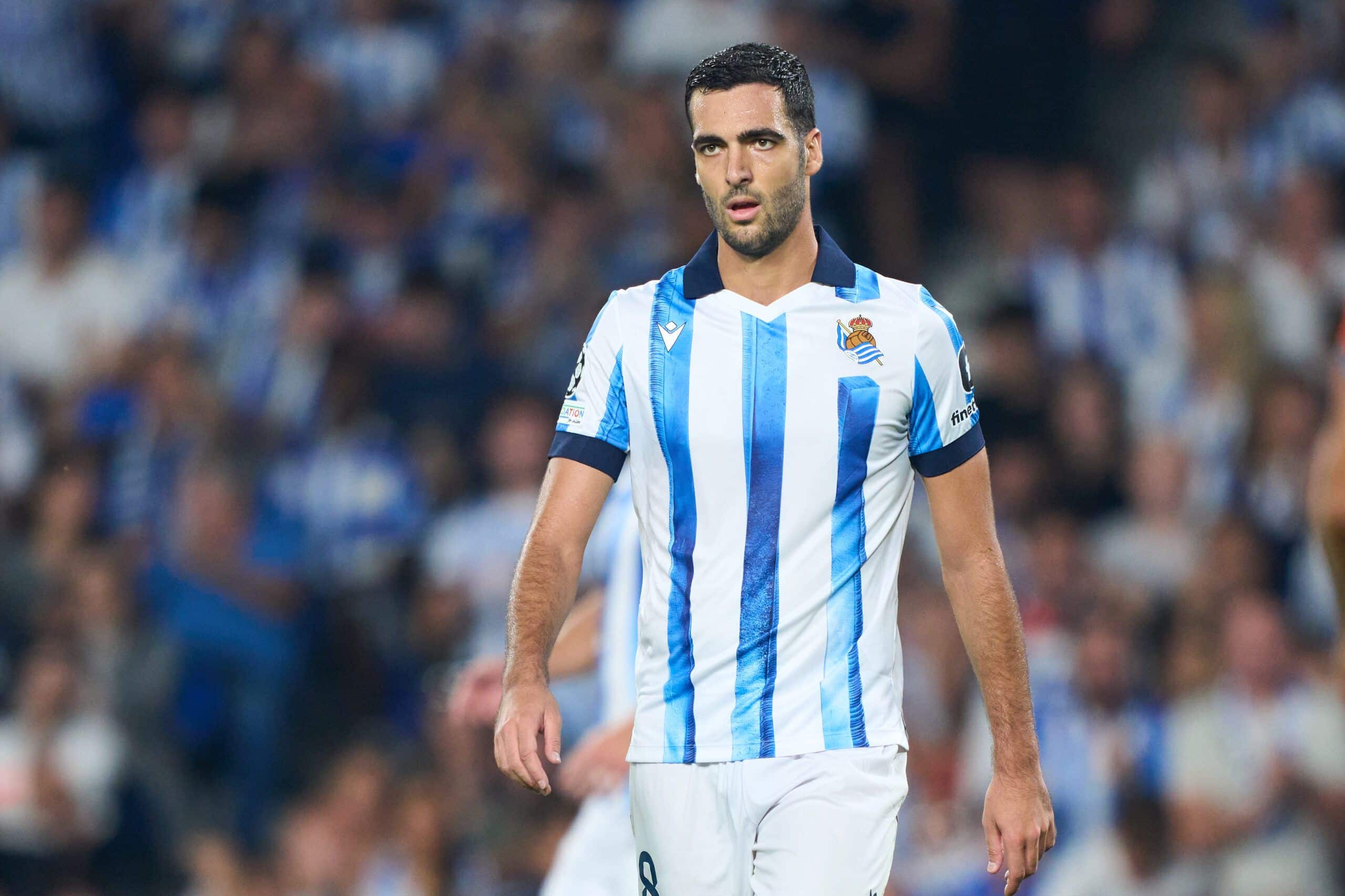 SAN SEBASTIAN, SPAIN - SEPTEMBER 20: Mikel Merino of Real Sociedad looks on during the UEFA Champions League match between Real Sociedad and FC Internazionale at Reale Arena on September 20, 2023 in San Sebastian, Spain. (Photo by Juan Manuel Serrano Arce/Getty Images)