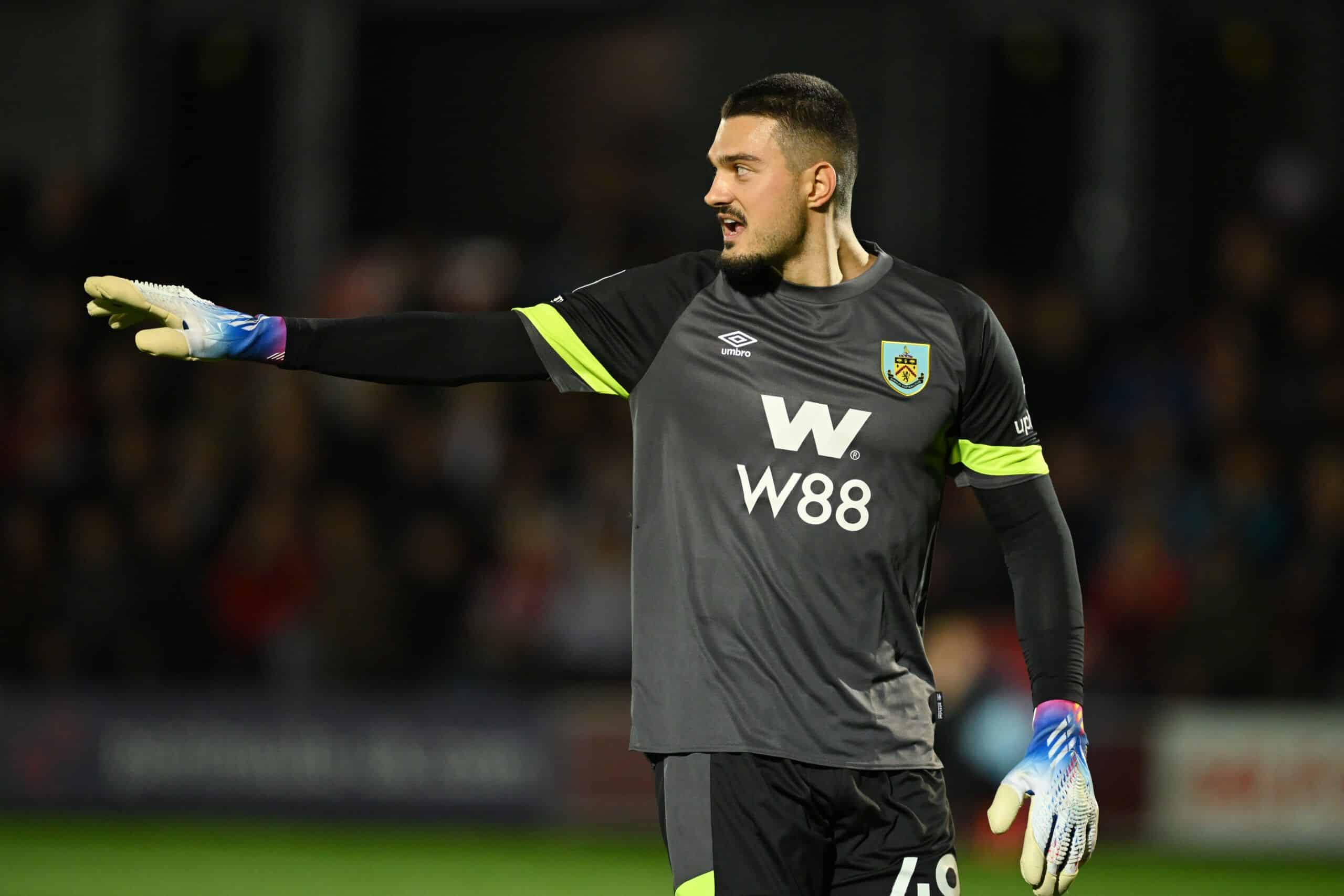SALFORD, ENGLAND - SEPTEMBER 26: Arijanet Muric of Burnley in action during the Carabao Cup Third Round match between Salford City and Burnley at Peninsula Stadium on September 26, 2023 in Salford, England. (Photo by Michael Regan/Getty Images)