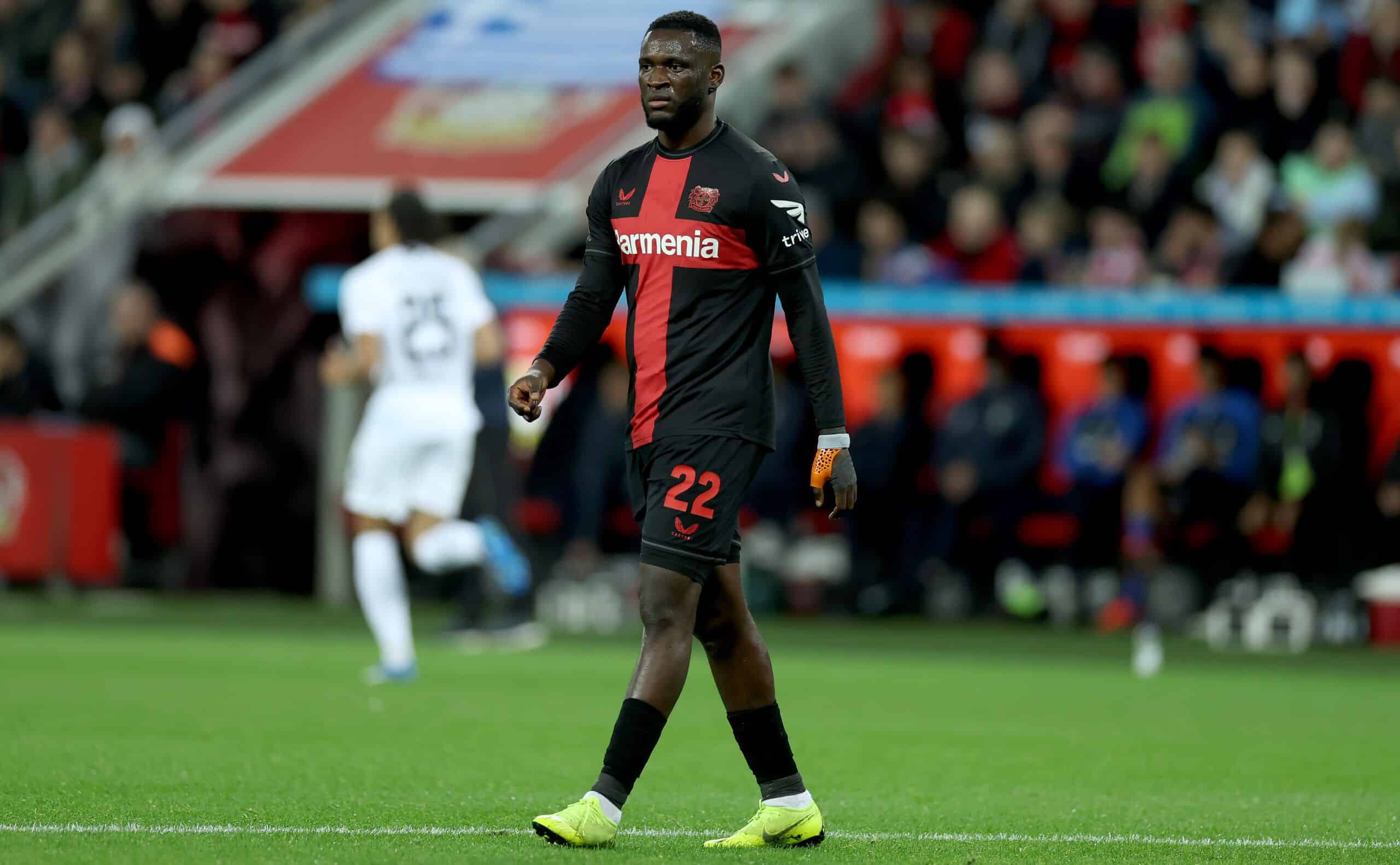 LEVERKUSEN, GERMANY - OCTOBER 29: Victor Boniface of Bayer Leverkusen looks on during the Bundesliga match between Bayer 04 Leverkusen and Sport-Club Freiburg at BayArena on October 29, 2023 in Leverkusen, Germany. (Photo by Lars Baron/Getty Images)