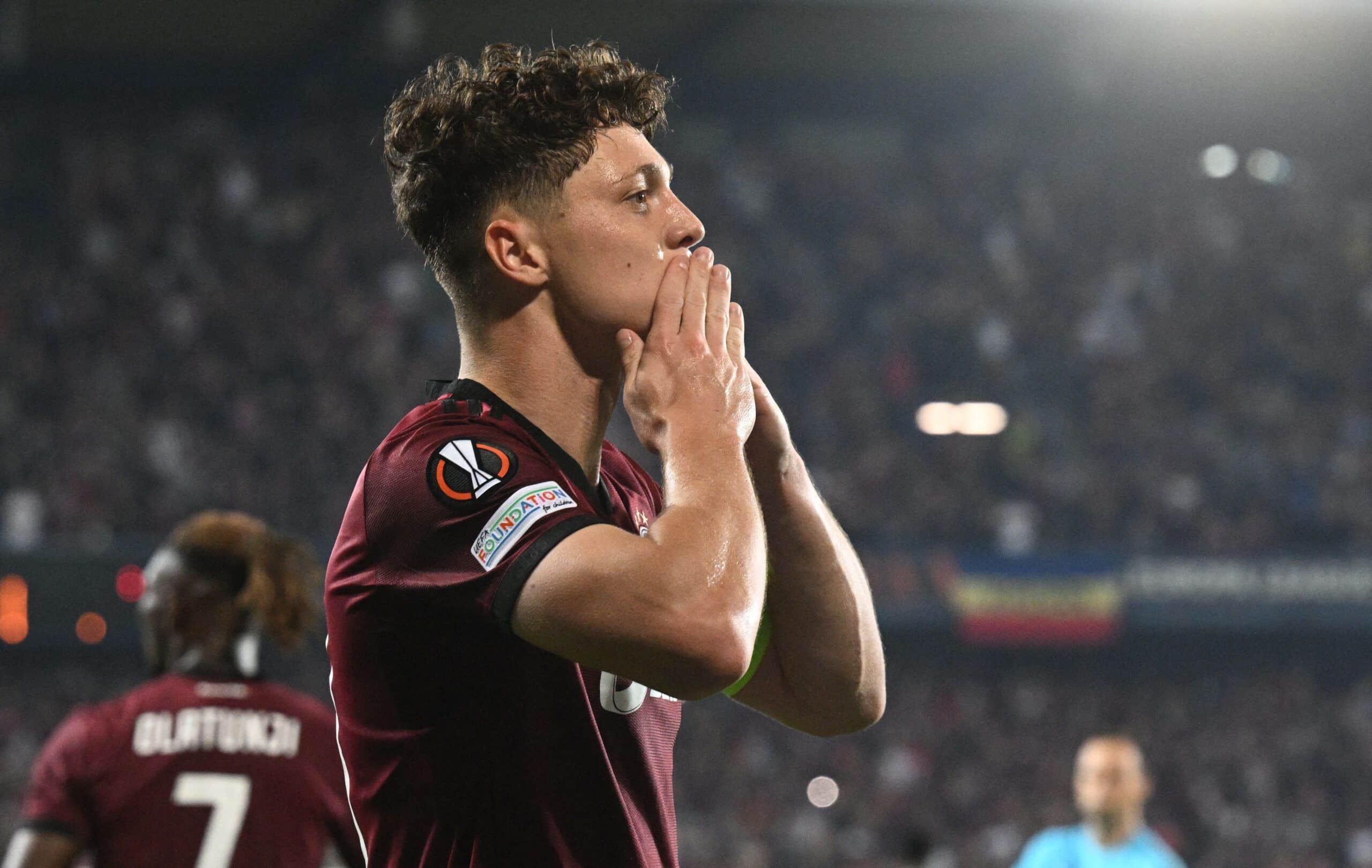 Sparta Praha's Czech midfielder #37 Ladislav Krejci celebrates scoring during the UEFA Europa League Group C football match Group C AC Sparta Prague v Aris Limassol in Prague on September 21, 2023. (Photo by Michal Cizek / AFP) (Photo by MICHAL CIZEK/AFP via Getty Images)