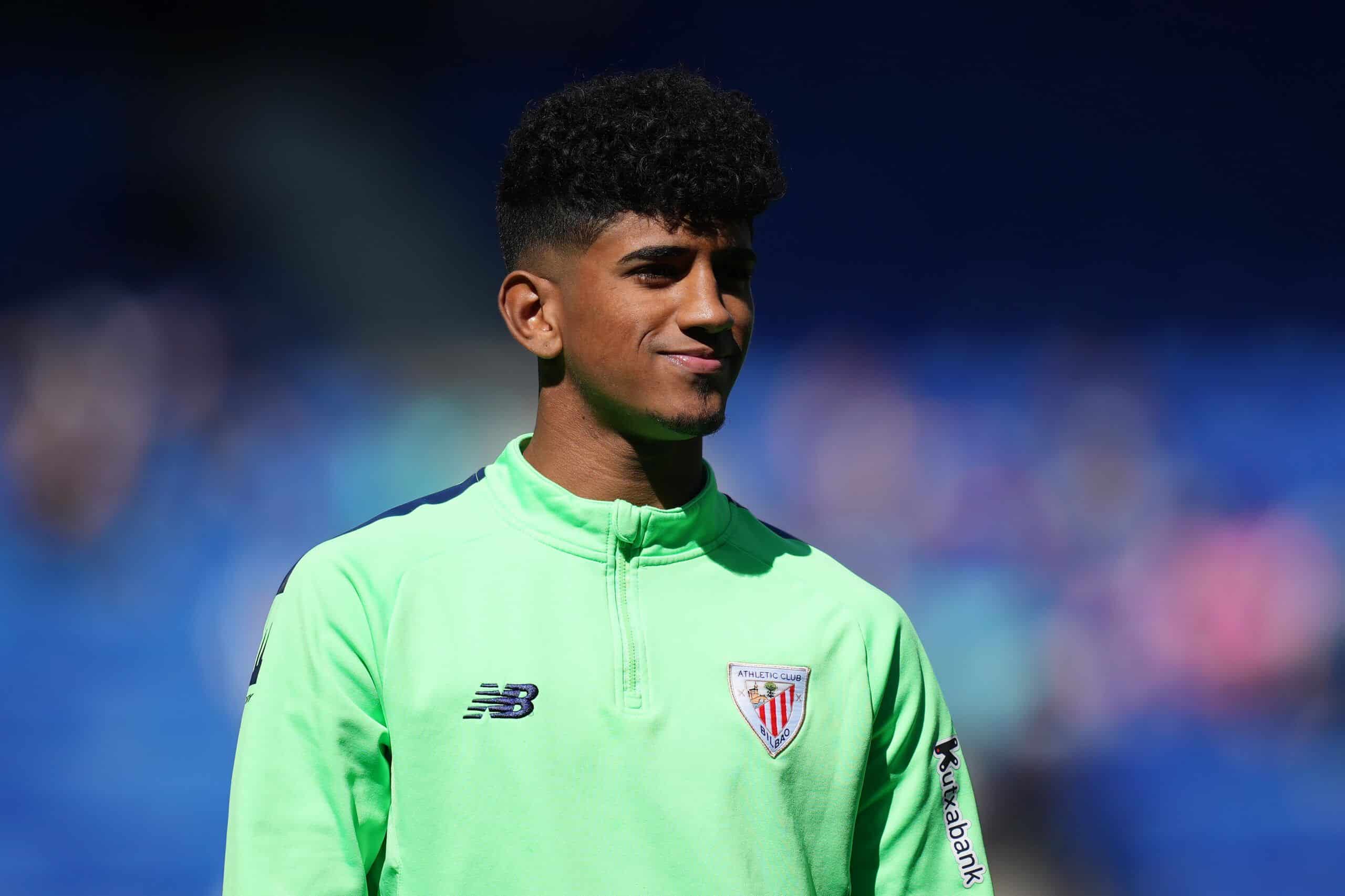 BARCELONA, SPAIN - APRIL 08: Malcom Adu Ares of Athletic Club looks on prior to the LaLiga Santander match between RCD Espanyol and Athletic Club at RCDE Stadium on April 08, 2023 in Barcelona, Spain. (Photo by Alex Caparros/Getty Images)