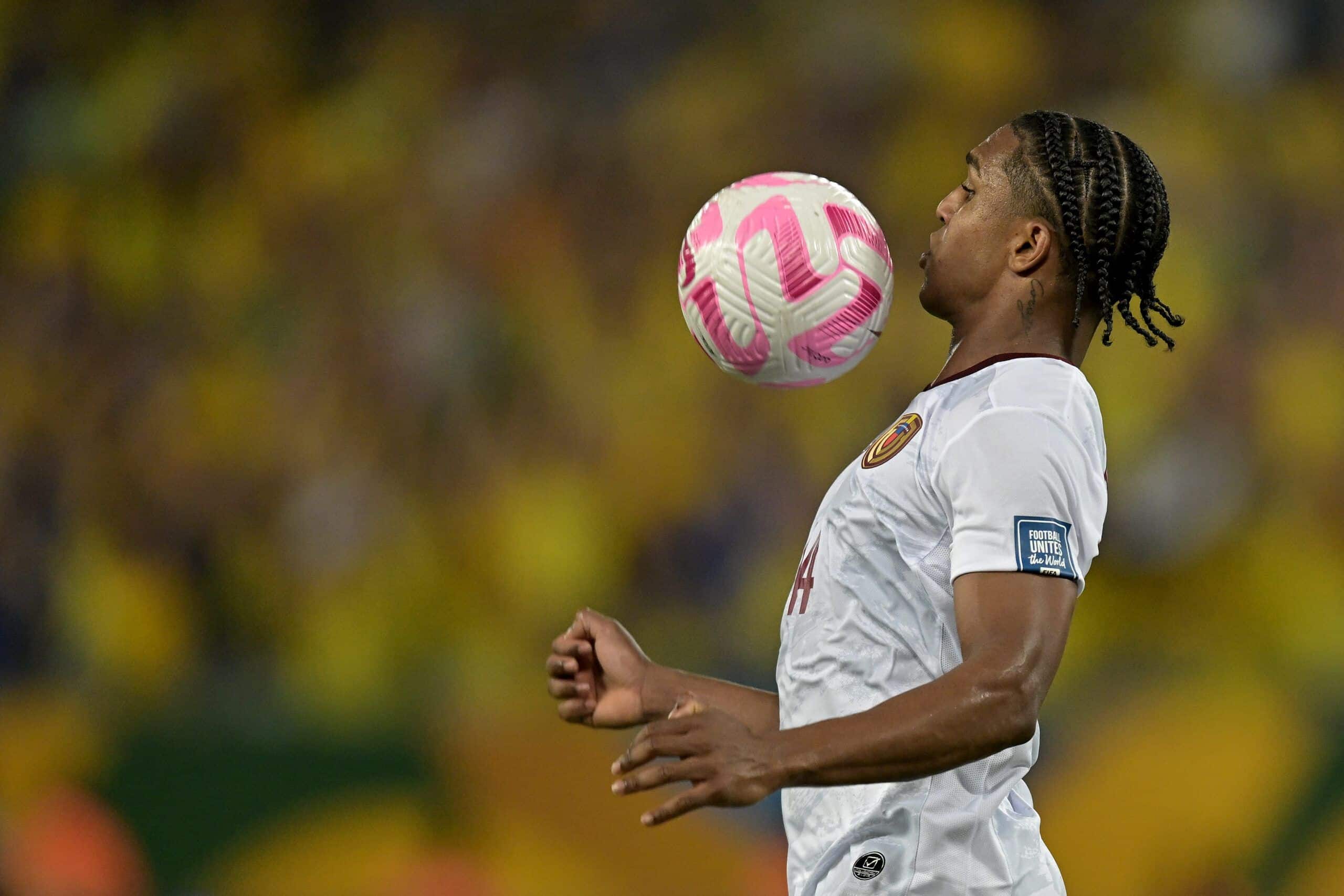 CUIABA, BRAZIL - OCTOBER 12: Christian Makoun of Venezuela controls the ball during a FIFA World Cup 2026 Qualifier match between Brazil and Venezuela at Arena Pantanal on October 12, 2023 in Cuiaba, Brazil. (Photo by Pedro Vilela/Getty Images)