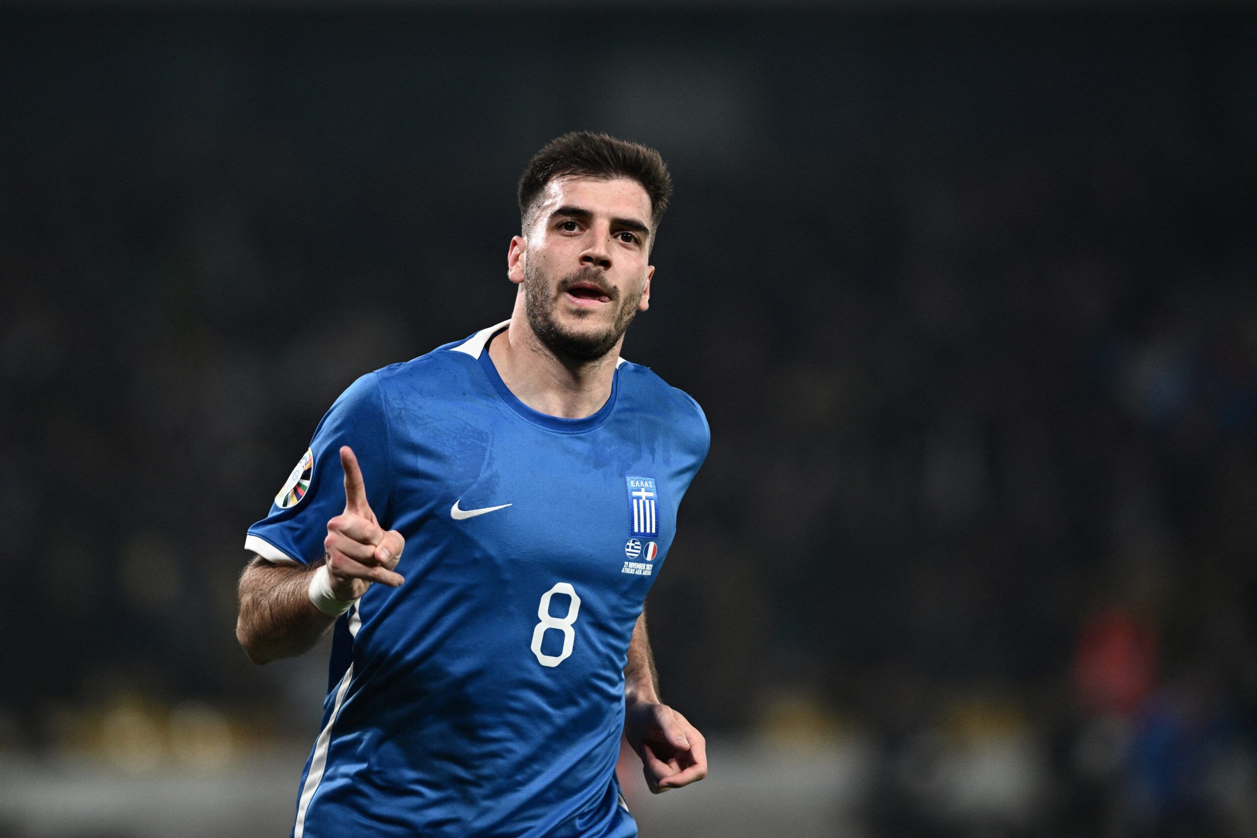 Greece's forward #08 Fotis Ioannidis celebrates after scoring his team's second goal during the UEFA Euro 2024 Group B second leg qualifying football match between Greece and France at the Agia Sophia Stadium in Athens on November 21, 2023. (Photo by Angelos Tzortzinis / AFP) (Photo by ANGELOS TZORTZINIS/AFP via Getty Images)