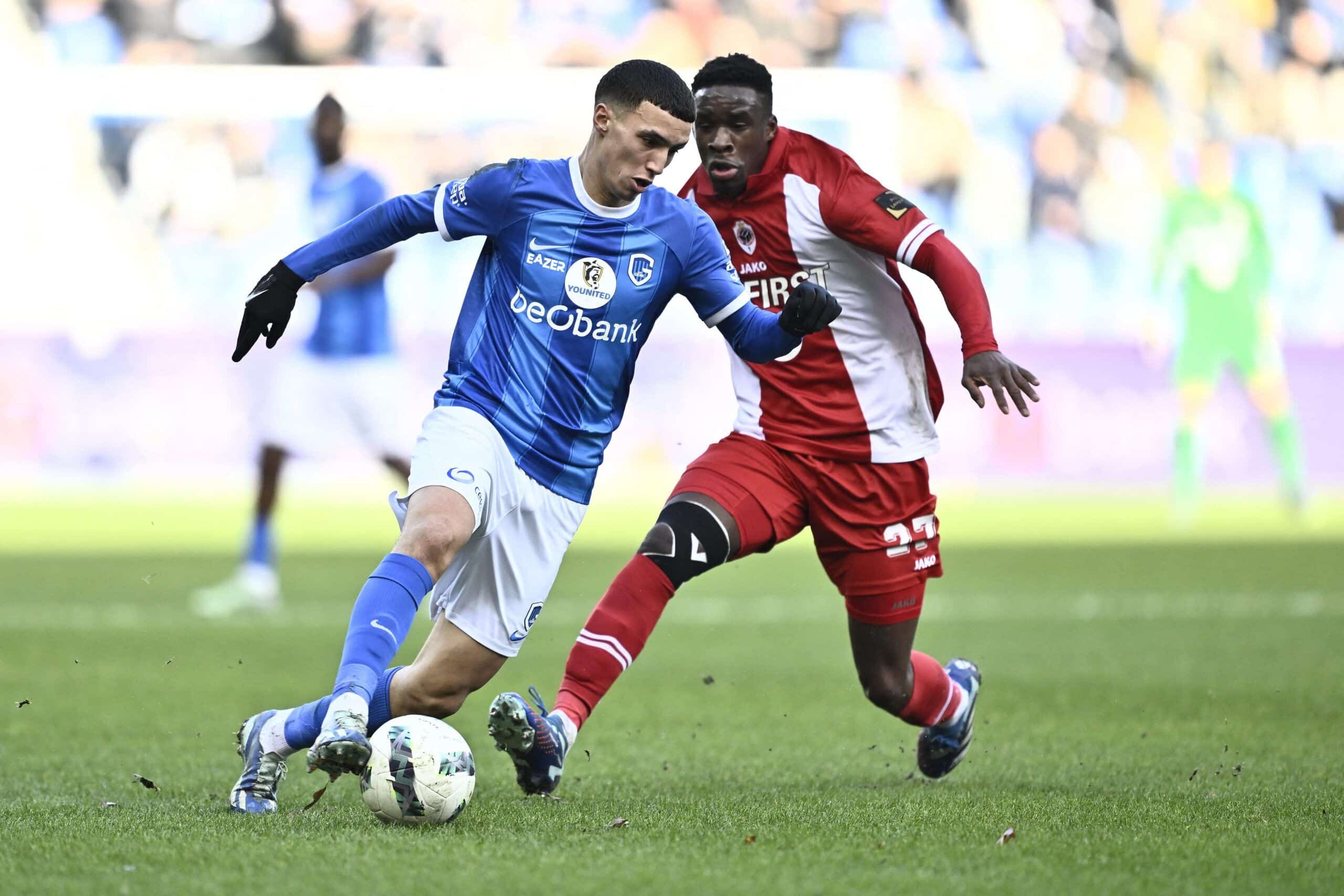 Genk's Bilal El Khannouss and Antwerp's Mandela Keita fight for the ball during a soccer match between KRC Genk and Royal Antwerp FC, Tuesday 26 December 2023 in Genk, on day 20 of the 2023-2024 season of the 'Jupiler Pro League' first division of the Belgian championship. BELGA PHOTO JOHAN EYCKENS (Photo by JOHAN EYCKENS / BELGA MAG / Belga via AFP) (Photo by JOHAN EYCKENS/BELGA MAG/AFP via Getty Images)