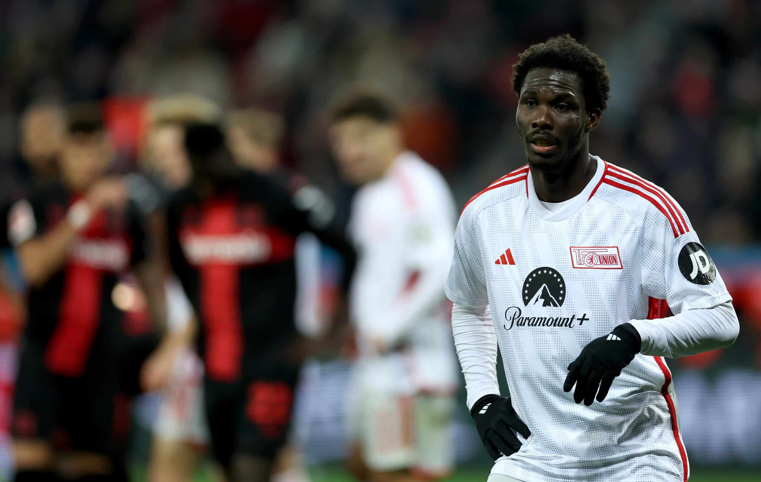 LEVERKUSEN, GERMANY - NOVEMBER 12: David Datro Fofana of Union Berlin looks on during the Bundesliga match between Bayer 04 Leverkusen and 1. FC Union Berlin at BayArena on November 12, 2023 in Leverkusen, Germany. (Photo by Lars Baron/Getty Images)