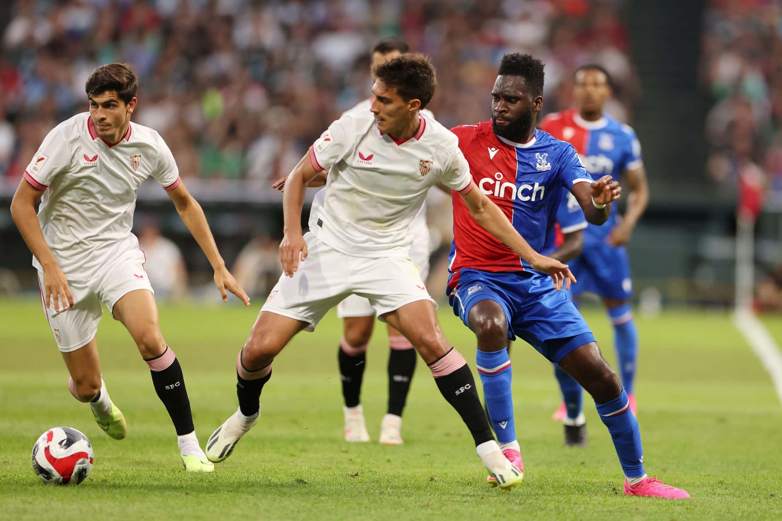 DETROIT, MICHIGAN - JULY 30: Federico Gattoni #18 of Sevilla F.C. during a friendly match against Crystal Palace F.C. at Comerica Park on July 30, 2023 in Detroit, Michigan. (Photo by Gregory Shamus/Getty Images)