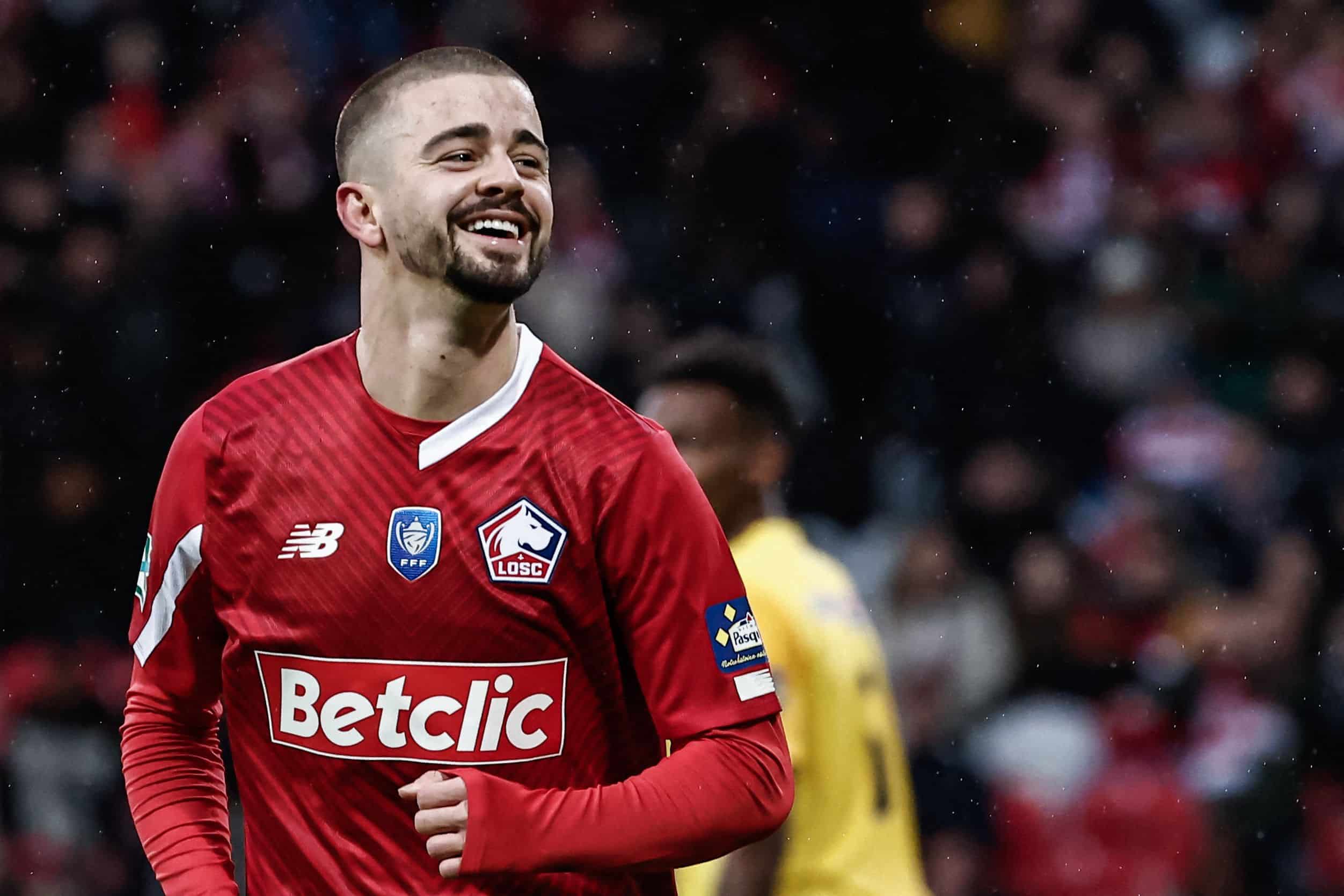 Lille's Kosovar midfielder #11 Edon Zhegrova celebrates scoring his team's sixth goal during the French Cup football match between Lille LOSC and Golden Lion FC at the Pierre-Mauroy Stadium in Villeneuve-d'Ascq, northern France, on January 6, 2024. (Photo by Sameer Al-DOUMY / AFP) (Photo by SAMEER AL-DOUMY/AFP via Getty Images)