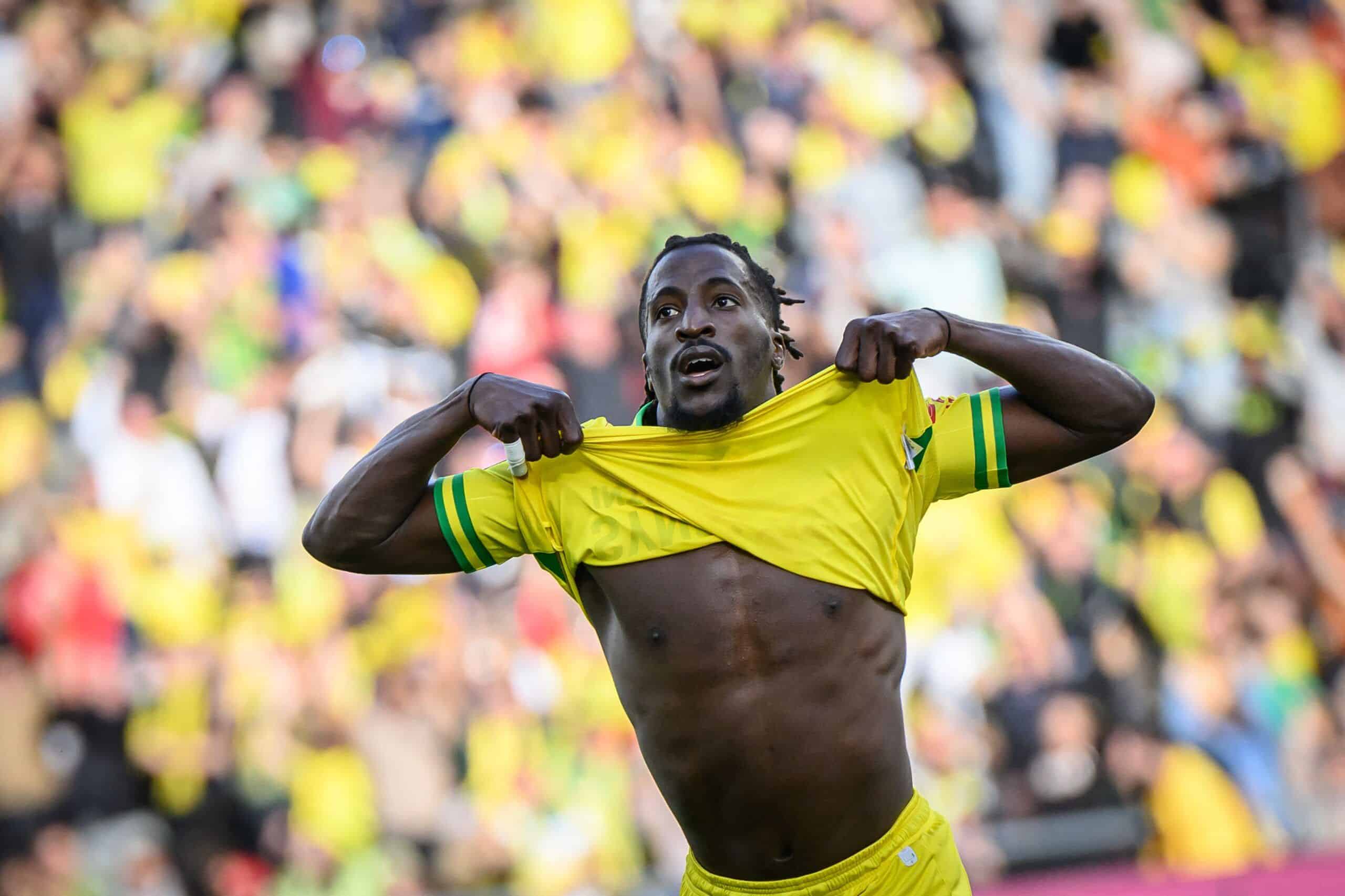 Nantes' French forward #12 Abdoul Kader Bamba celebrates after scoring his team's second goal during the French L1 football match between FC Nantes and Montpellier Herault SC at the Stade de la BeaujoireLouis Fonteneau in Nantes, western France on October 22, 2023. (Photo by LOIC VENANCE / AFP) (Photo by LOIC VENANCE/AFP via Getty Images)