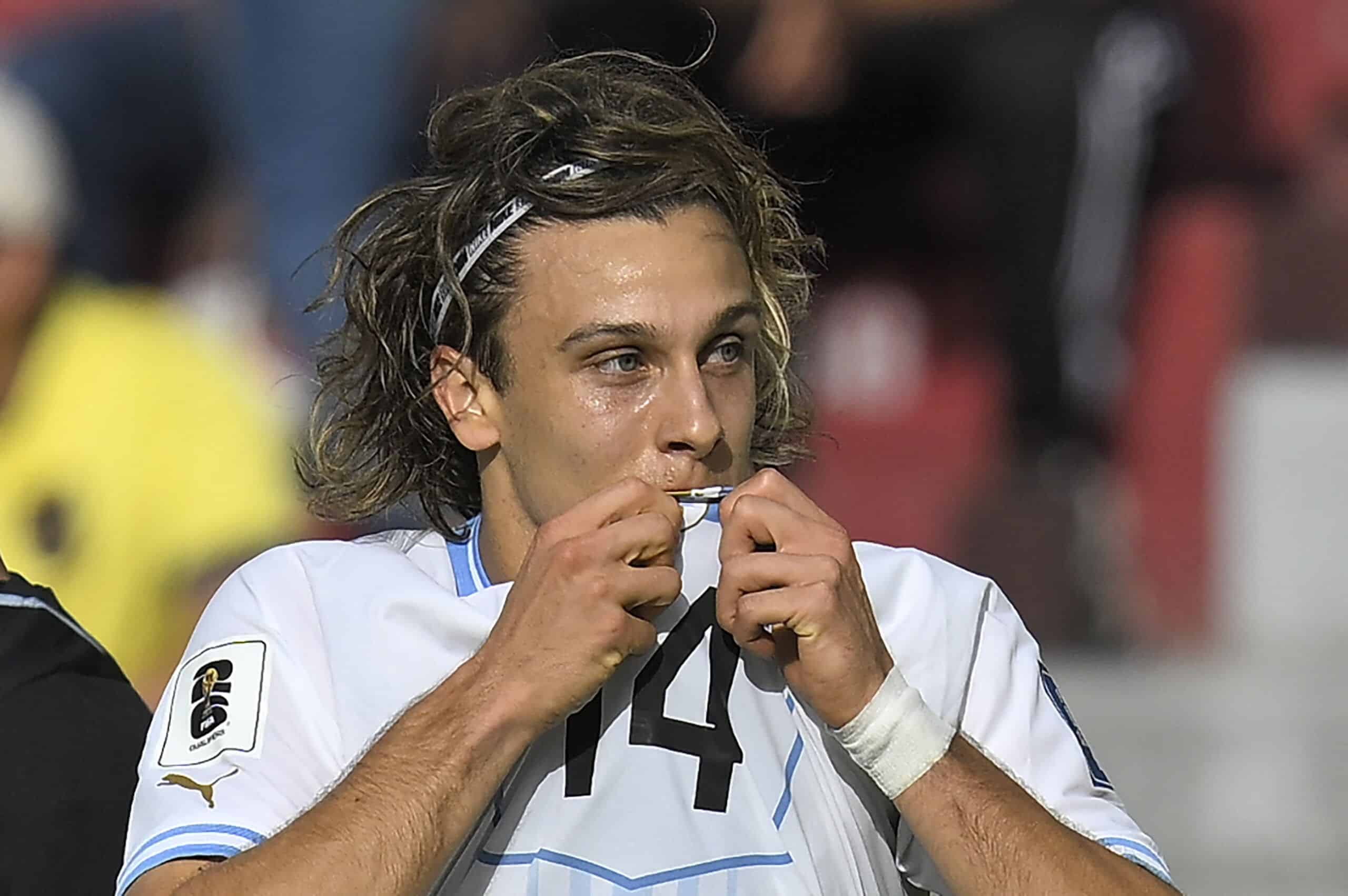 Uruguay's midfielder Agustin Canobbio celebrates after scoring during the 2026 FIFA World Cup South American qualifiers football match between Ecuador and Uruguay, at the Rodrigo Paz Delgado stadium in Quito, on September 12, 2023. (Photo by Rodrigo BUENDIA / AFP) (Photo by RODRIGO BUENDIA/AFP via Getty Images)