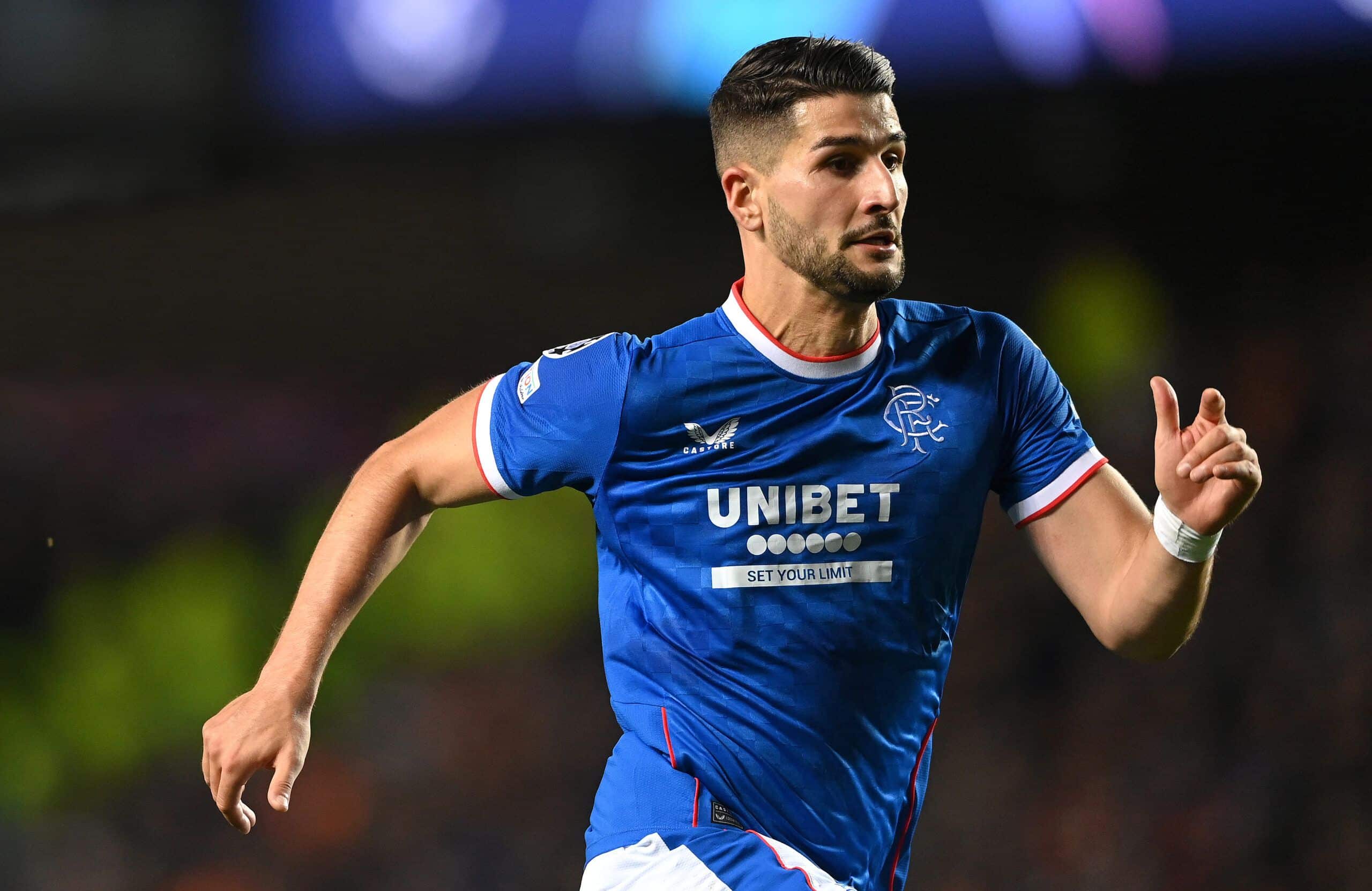 GLASGOW, SCOTLAND - OCTOBER 12: Rangers player Antonio - 
 Mirko Colak in action during the UEFA Champions League group A match between Rangers FC and Liverpool FC at Ibrox Stadium on October 12, 2022 in Glasgow, Scotland. (Photo by Stu Forster/Getty Images)