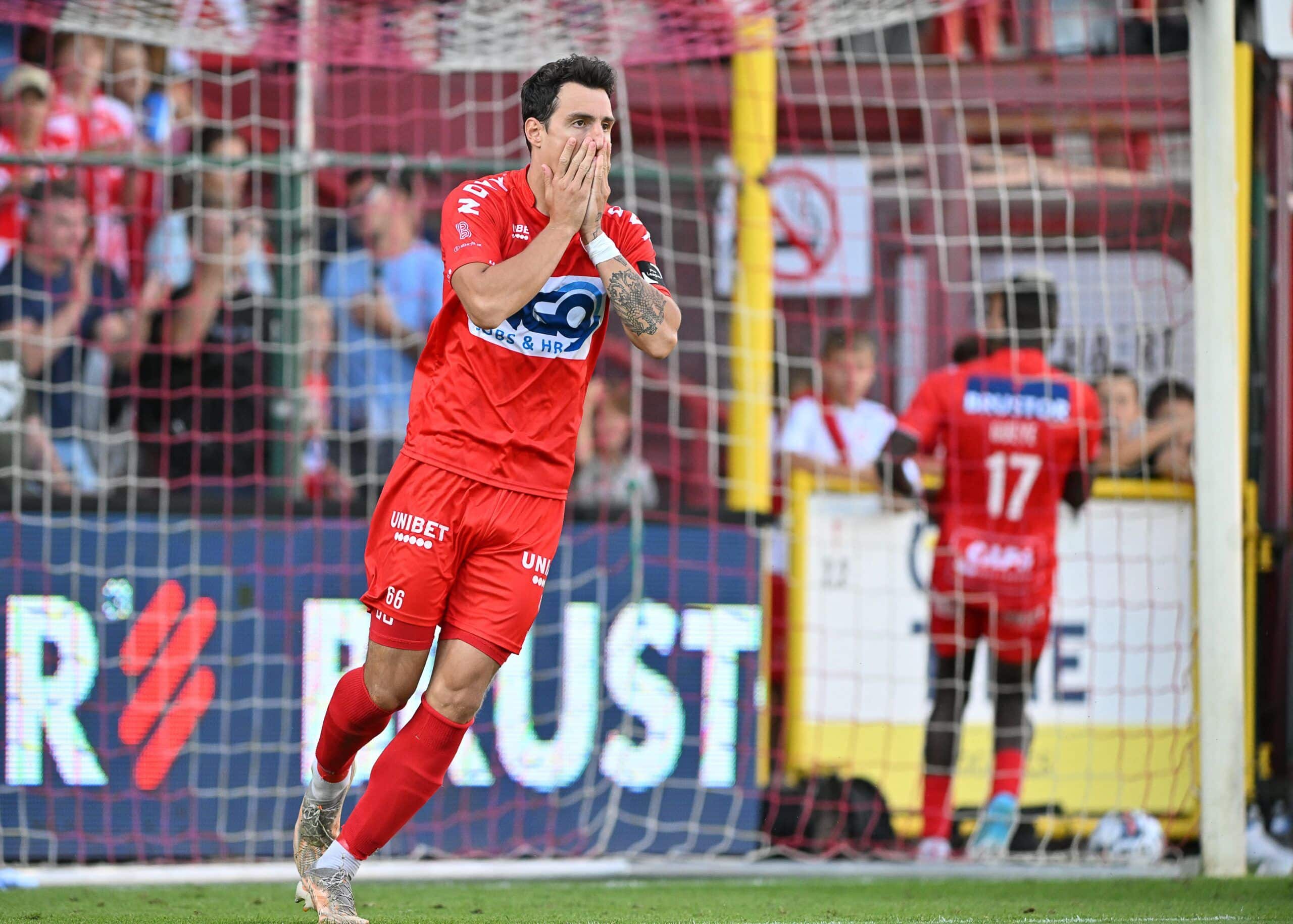 Kortrijk's Aleksandar Radovanovic reacts during a soccer match between KV Kortrijk and Sint-Truiden VV, Saturday 06 August 2022 in Kortrijk, on day 3 of the 2022-2023 'Jupiler Pro League' first division of the Belgian championship. BELGA PHOTO DAVID CATRY (Photo by DAVID CATRY / BELGA MAG / Belga via AFP) (Photo by DAVID CATRY/BELGA MAG/AFP via Getty Images)
