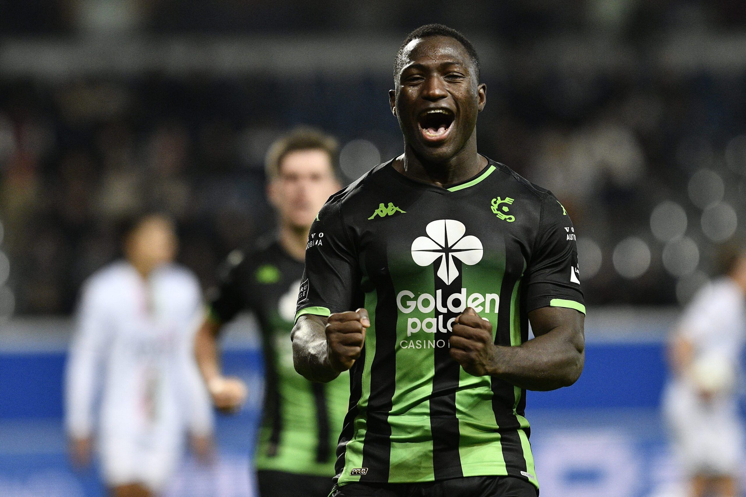 Cercle's Kevin Denkey celebrates after scoring during a soccer match between OH Leuven and Cercle Brugge, Saturday 16 December 2023 in Leuven, on day 18/30 of the 2023-2024 'Jupiler Pro League' first division of the Belgian championship. BELGA PHOTO JOHAN EYCKENS (Photo by JOHAN EYCKENS / BELGA MAG / Belga via AFP) (Photo by JOHAN EYCKENS/BELGA MAG/AFP via Getty Images)