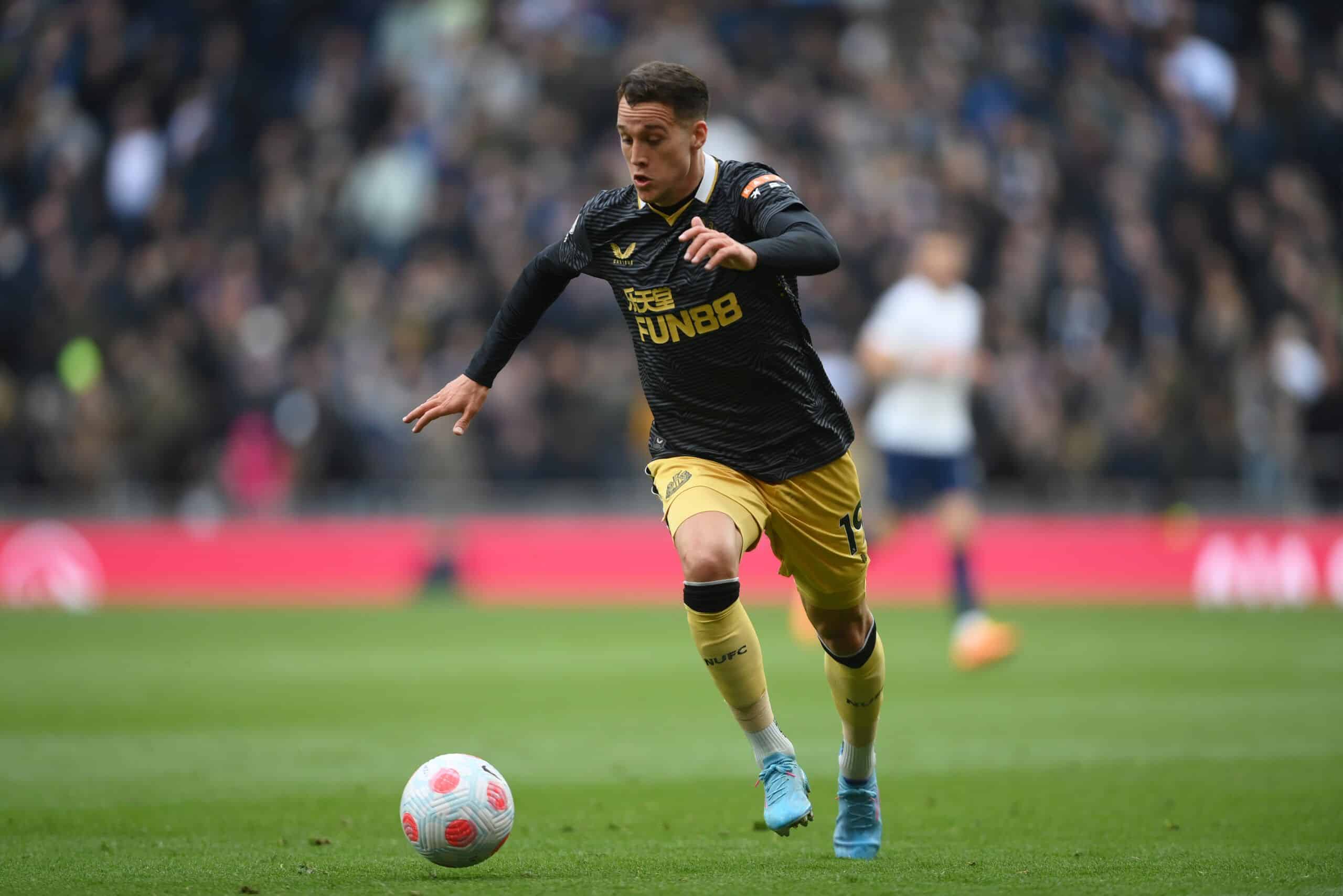 LONDON, ENGLAND - APRIL 03: Javi Manquillo of Newcastle United in action during the Premier League match between Tottenham Hotspur and Newcastle United at Tottenham Hotspur Stadium on April 03, 2022 in London, England. (Photo by Mike Hewitt/Getty Images)