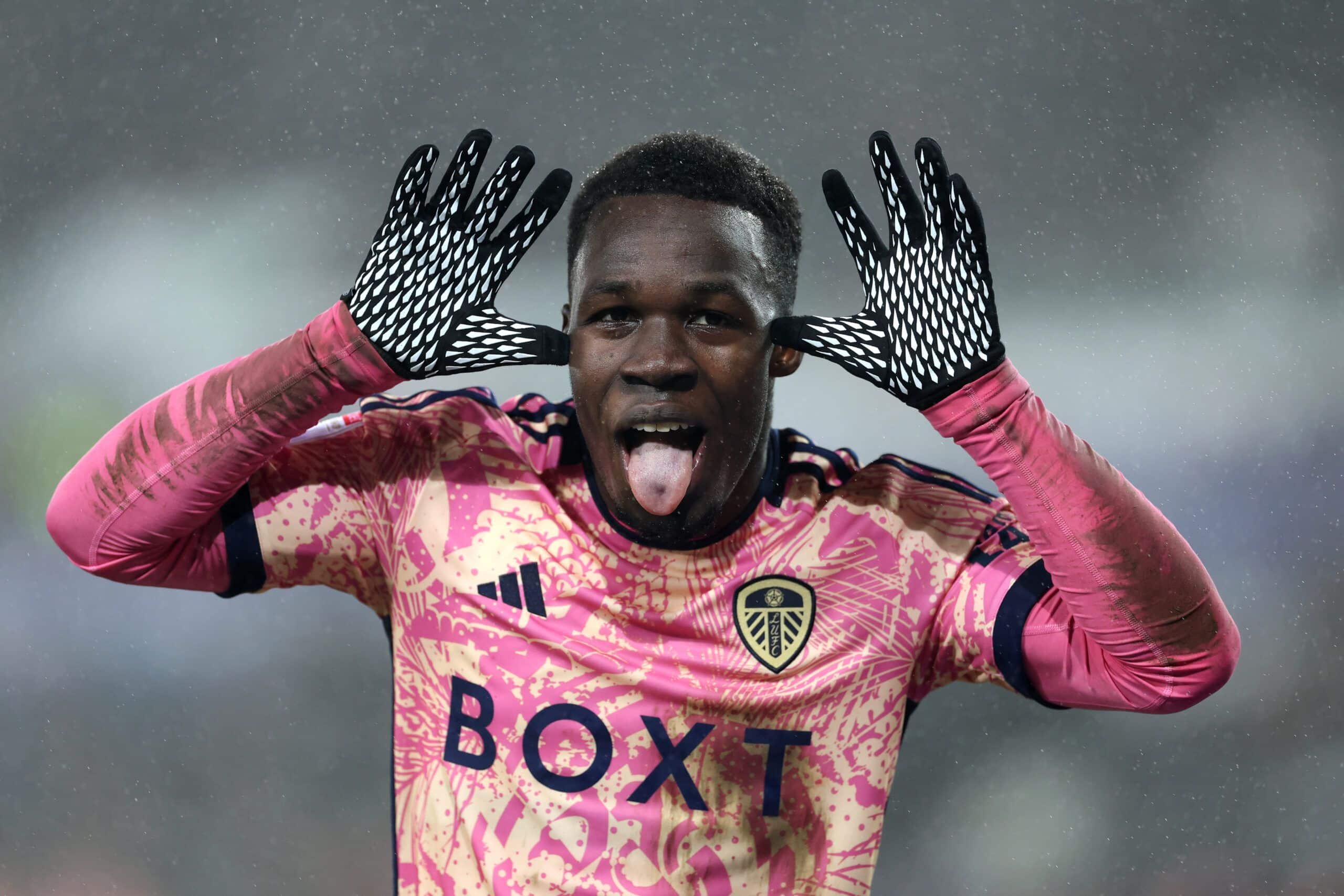 SWANSEA, WALES - FEBRUARY 13: Wilfried Gnonto of Leeds United celebrates scoring his team's fourth goal during the Sky Bet Championship match between Swansea City and Leeds United at Liberty Stadium on February 13, 2024 in Swansea, Wales. (Photo by Dan Istitene/Getty Images)