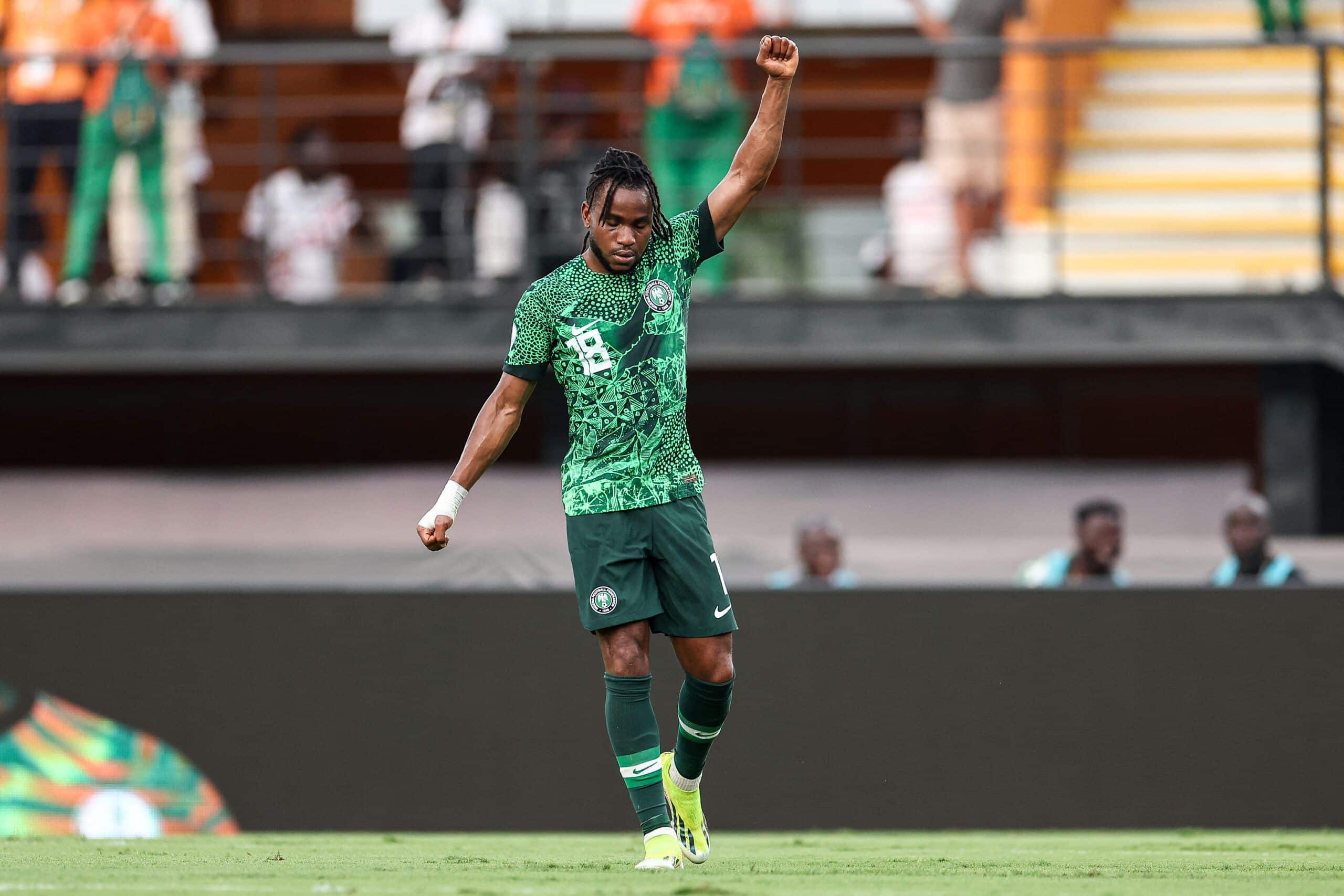 TOPSHOT - Nigeria's forward #18 Ademola Lookman celebrates scoring his team's first goal during the Africa Cup of Nations (CAN) 2024 quarter-final football match between Nigeria and Angola at the Felix Houphouet-Boigny Stadium in Abidjan on February 2, 2024. (Photo by FRANCK FIFE / AFP) (Photo by FRANCK FIFE/AFP via Getty Images)