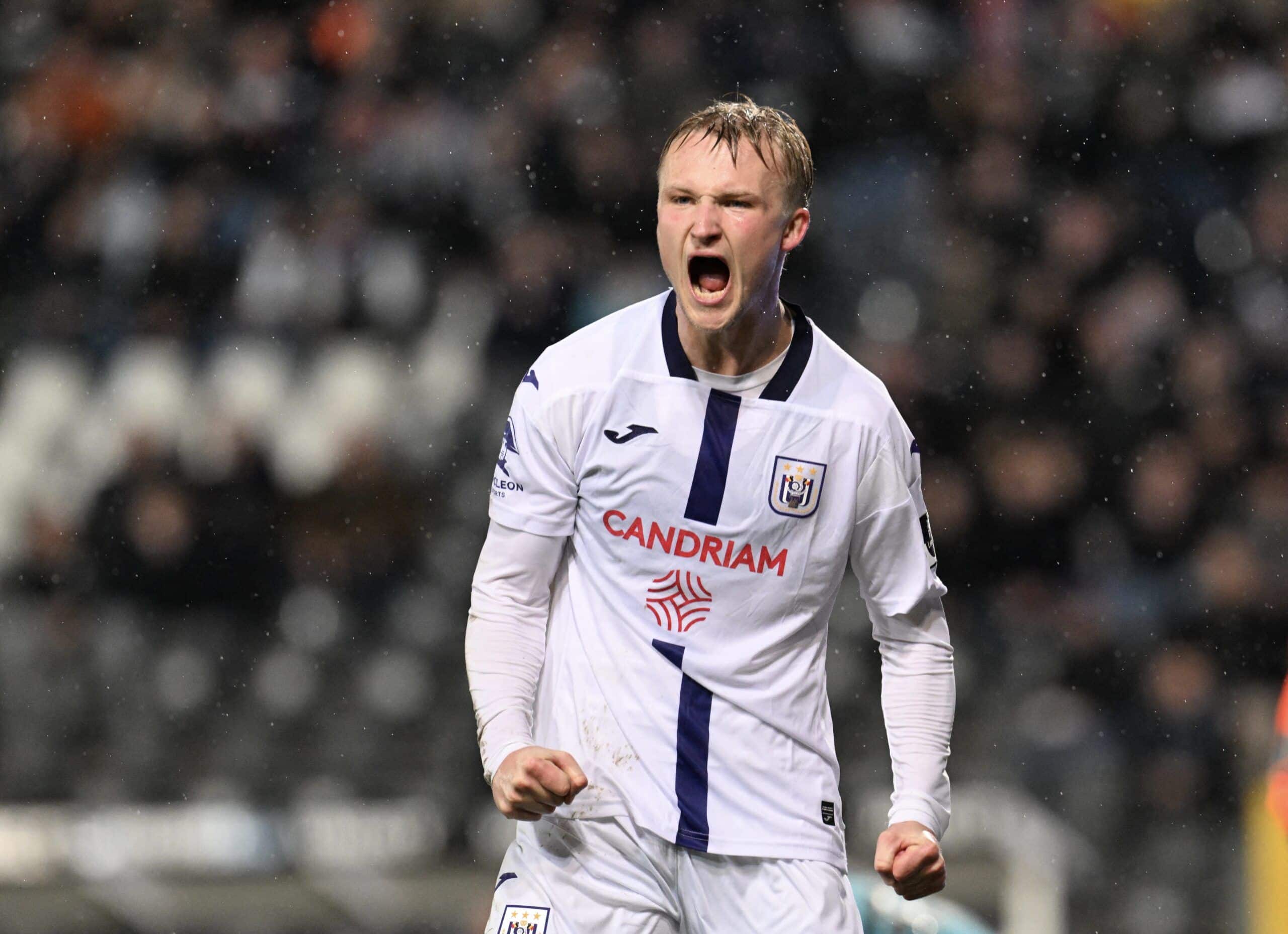 Anderlecht's Kasper Dolberg celebrates after scoring a goal during the Belgian Proleague football between Sporting Charleroi and RSC Anderlecht on February 11, 2024 in Charleroi. (Photo by JOHN THYS / Belga / AFP) / Belgium OUT (Photo by JOHN THYS/Belga/AFP via Getty Images)