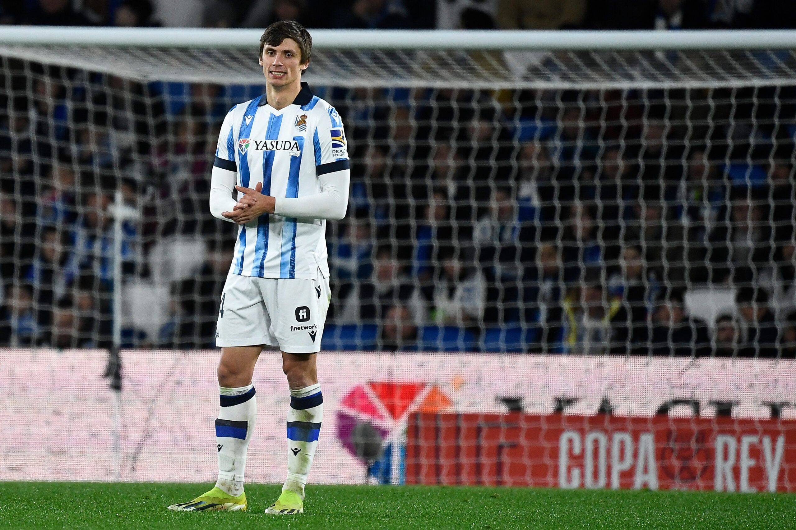 Real Sociedad's French defender #24 Robin Le Normand reacts during the Spanish Copa del Rey (King's Cup) semi final second leg football match between Real Sociedad and RCD Mallorca at the Anoeta stadium in San Sebastian on February 27, 2024. (Photo by ANDER GILLENEA / AFP) (Photo by ANDER GILLENEA/AFP via Getty Images)
