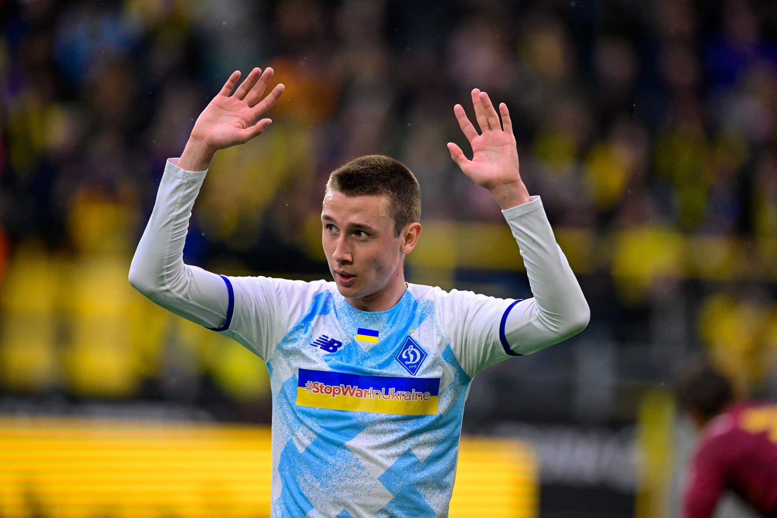 Dynamo Kyiv's Vladyslav Vanat celebrates scoring the 1-3 goal during the friendly fund-raising football match BVB Borussia Dortmund v Dynamo Kyiv in Dortmund, western Germany, on April 26, 2022. - DFL REGULATIONS PROHIBIT ANY USE OF PHOTOGRAPHS AS IMAGE SEQUENCES AND/OR QUASI-VIDEO (Photo by SASCHA SCHUERMANN / AFP) / DFL REGULATIONS PROHIBIT ANY USE OF PHOTOGRAPHS AS IMAGE SEQUENCES AND/OR QUASI-VIDEO (Photo by SASCHA SCHUERMANN/AFP via Getty Images)