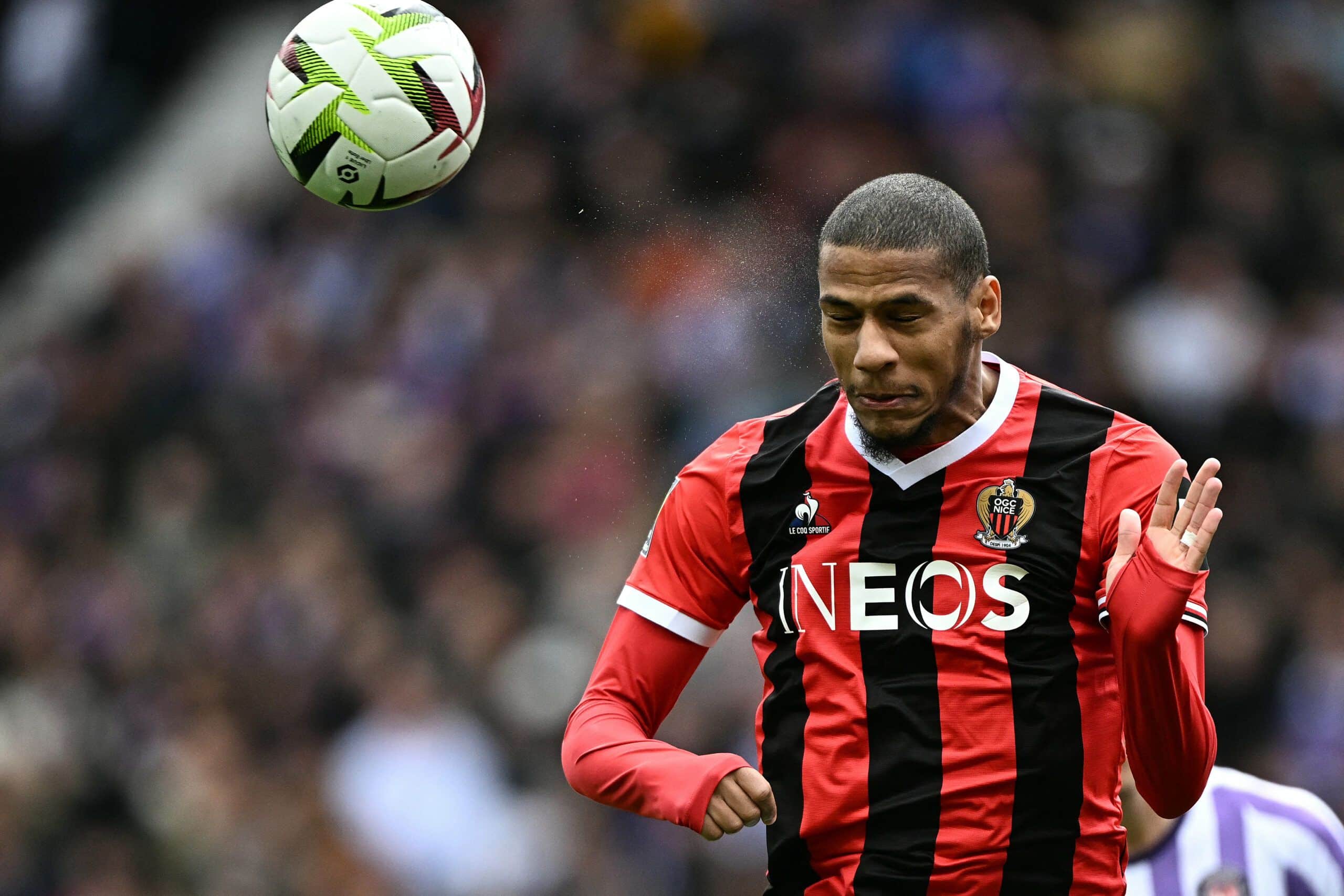 Nice's French defender #06 Jean-Clair Todibo heads the ball during the French L1 football match between Toulouse FC and OGC Nice at The TFC Stadium in Toulouse, southwestern France, on March 3, 2024. (Photo by Lionel BONAVENTURE / AFP) (Photo by LIONEL BONAVENTURE/AFP via Getty Images)