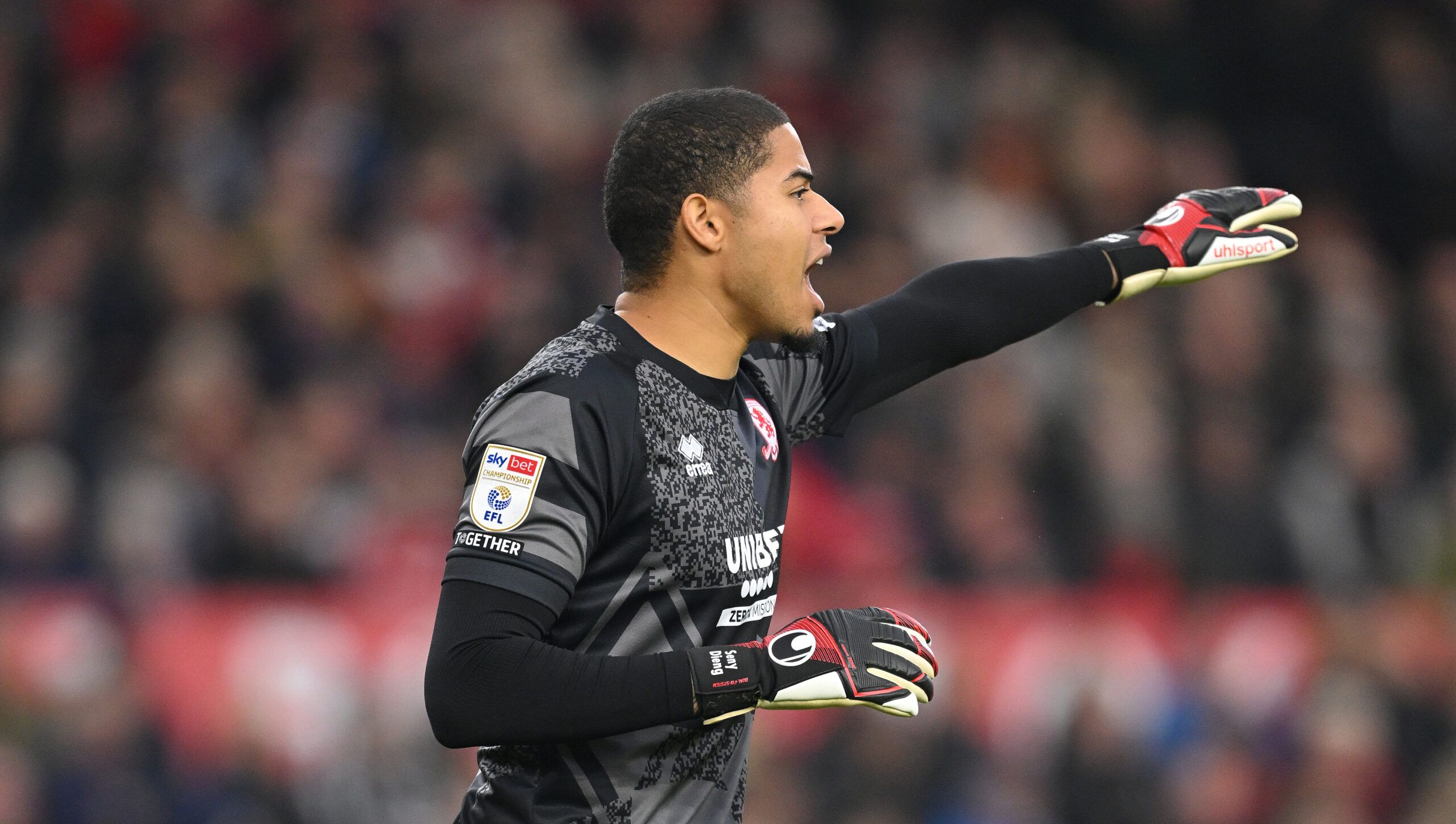 MIDDLESBROUGH, ENGLAND - OCTOBER 28: Middlesbrough goalkeeper Seny Dieng reacts during the Sky Bet Championship match between Middlesbrough and Stoke City at Riverside Stadium on October 28, 2023 in Middlesbrough, England. (Photo by Stu Forster/Getty Images)