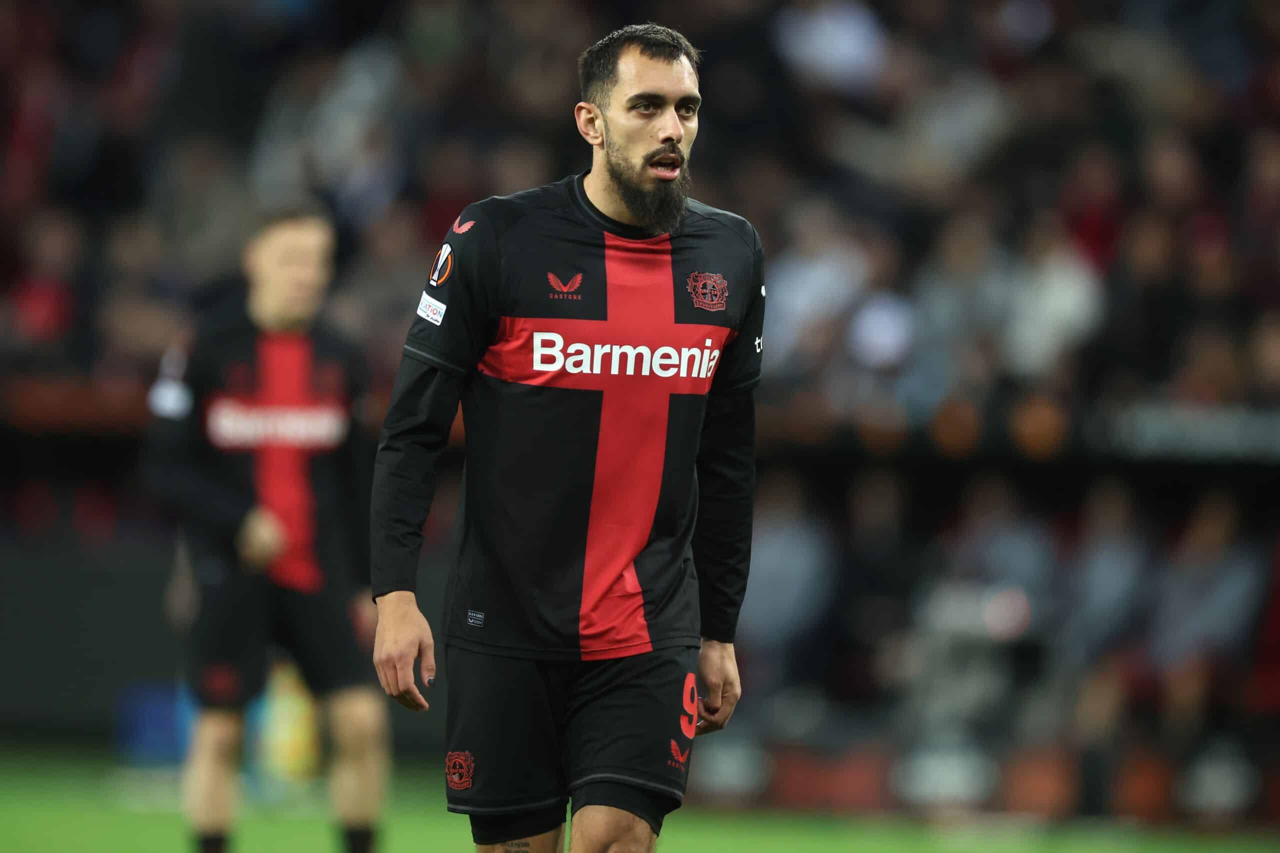 LEVERKUSEN, GERMANY - MARCH 14: Borja Iglesias of Leverkusen reacts during the UEFA Europa League 2023/24 round of 16 second leg match between Bayer 04 Leverkusen and Qarabag FK at BayArena on March 14, 2024 in Leverkusen, Germany. (Photo by Alex Grimm/Getty Images)
