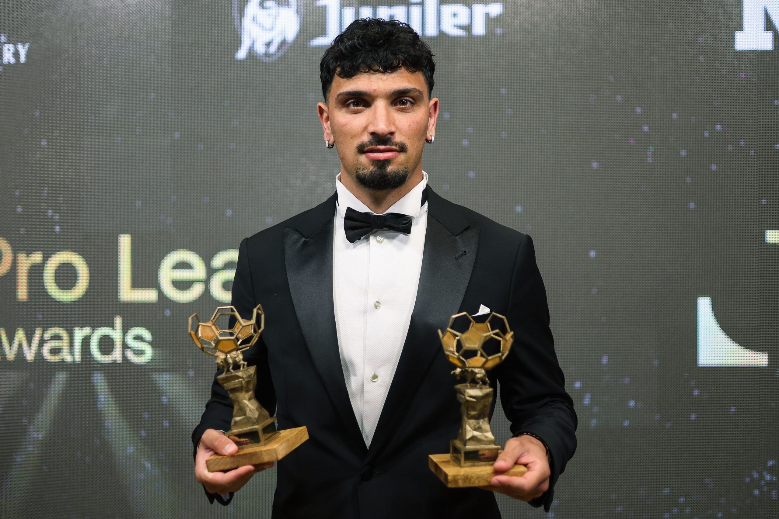 Union's Belgian midfielder Cameron Puertas Castro poses with his trophies as best assist and player in the 1st and 2nd divisions of the Belgian soccer championships at the Pro League Awards 2024,in Middelkerke, on May 27, 2024. (Photo by VIRGINIE LEFOUR / Belga / AFP) / Belgium OUT (Photo by VIRGINIE LEFOUR/Belga/AFP via Getty Images)