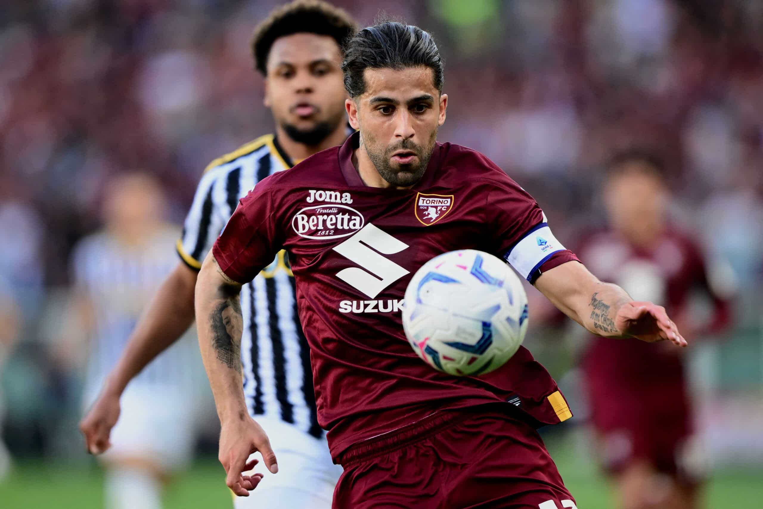Torino's Swiss defender #13 Ricardo Rodriguez looks the ball during the Italian Serie A football match between Torino and Juventus at the Grande Torino Stadium in Turin on April 13, 2024. (Photo by MARCO BERTORELLO / AFP) (Photo by MARCO BERTORELLO/AFP via Getty Images)