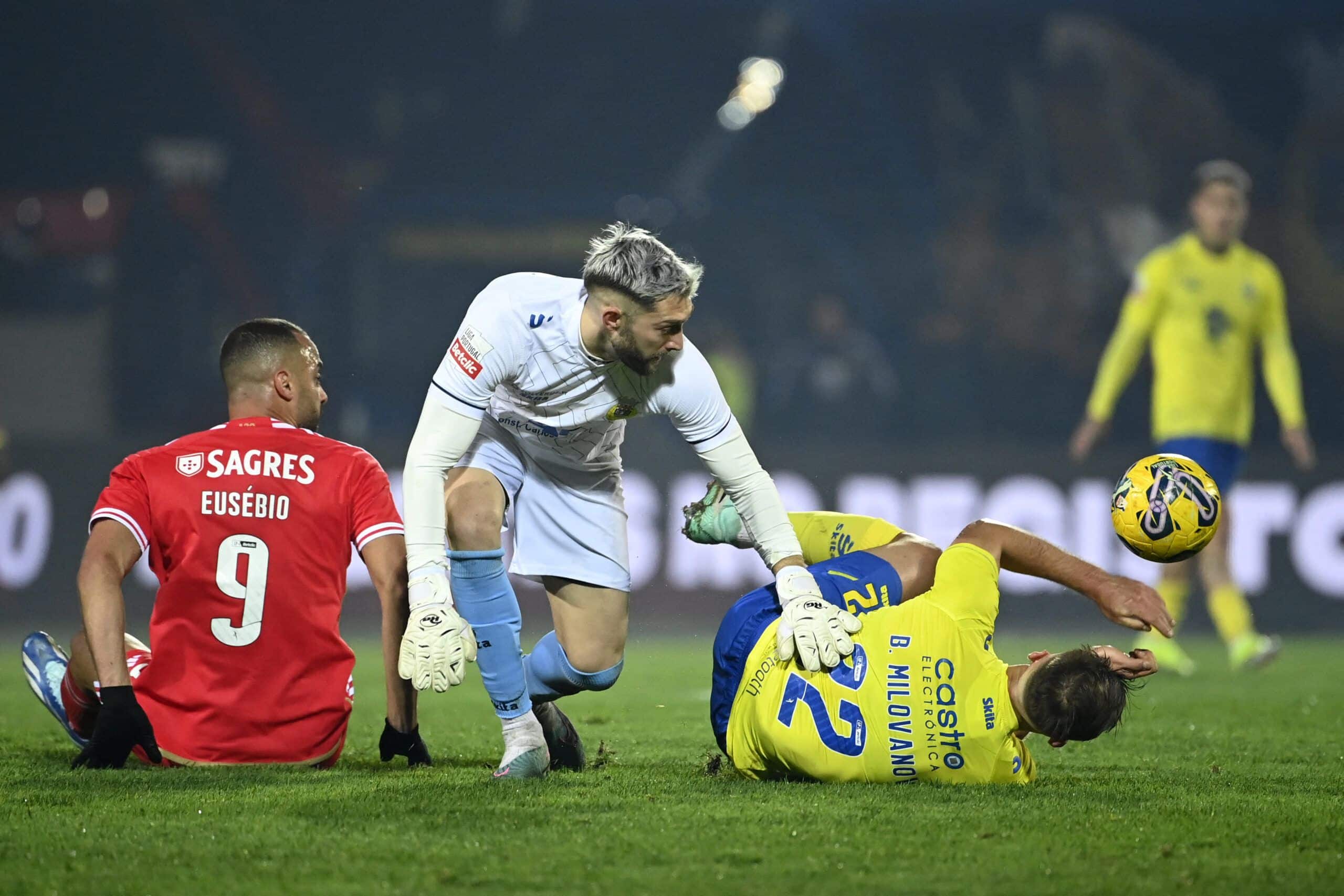 Benfica's Brazilian forward #09 Arthur Cabral sits on the pitch beside Arouca's Uruguayan goalkeeper #12 Ignacio De Arruabarrena and Arouca's Ukrainian defender #22 Bogdan Milovanov during the Portuguese League football match between FC Arouca and SL Benfica at the Municipal Stadium in Arouca, on January 6, 2024. (Photo by MIGUEL RIOPA / AFP) (Photo by MIGUEL RIOPA/AFP via Getty Images)
