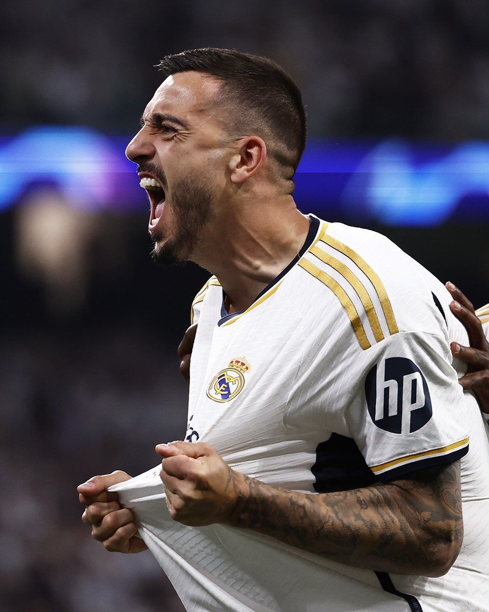 Joselu celebra uno de sus dos tantos frente al Bayern. Foto: @realmadrid.