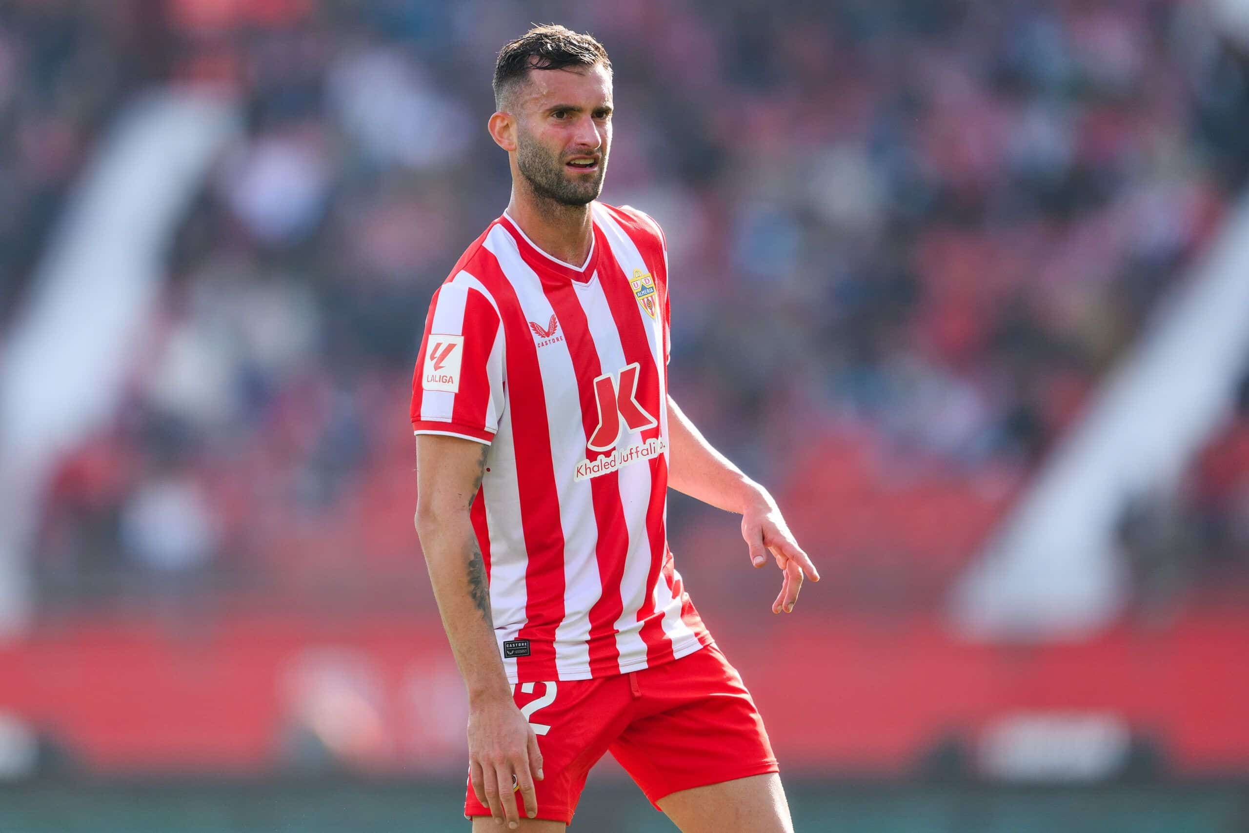 ALMERIA, SPAIN - JANUARY 14: Leo Baptistao of UD Almeria looks on during the LaLiga EA Sports match between UD Almeria and Girona FC at the Power Horse Stadium on January 14, 2024 in Almeria, Spain. (Photo by David Ramos/Getty Images)