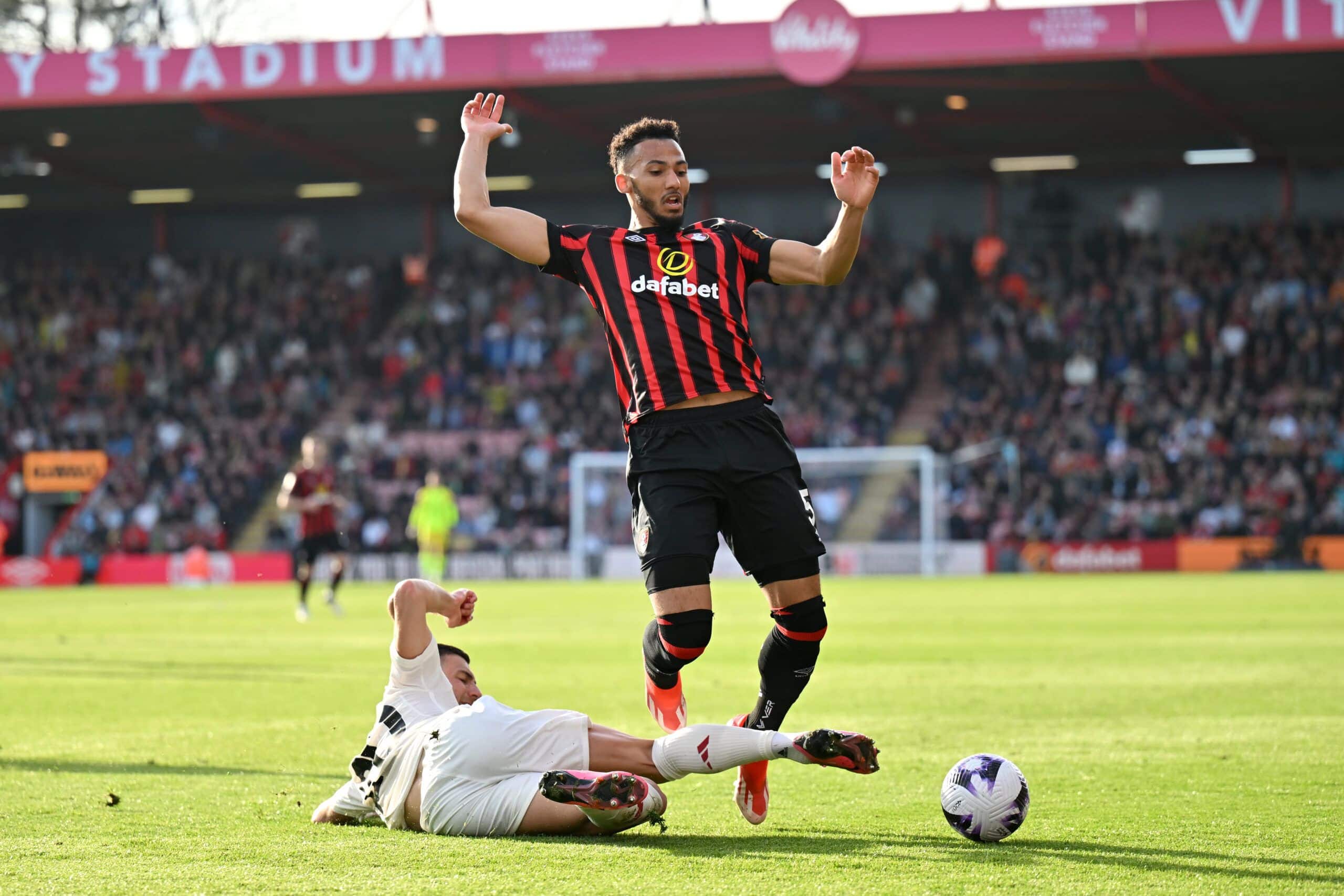 BOURNEMOUTH, ENGLAND - APRIL 13: Lloyd Kelly of AFC Bournemouth is fouled by Diogo Dalot of Manchester United during the Premier League match between AFC Bournemouth and Manchester United at Vitality Stadium on April 13, 2024 in Bournemouth, England. (Photo by Dan Mullan/Getty Images) (Photo by Dan Mullan/Getty Images)